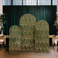 Set of 3 Hunter Emerald Green Wave Mesh Chiara Wedding Arch Covers With Gold Embroidered Sequins, Fitted Covers For Round Top Backdrop Stands - 5ft,6ft,7ft