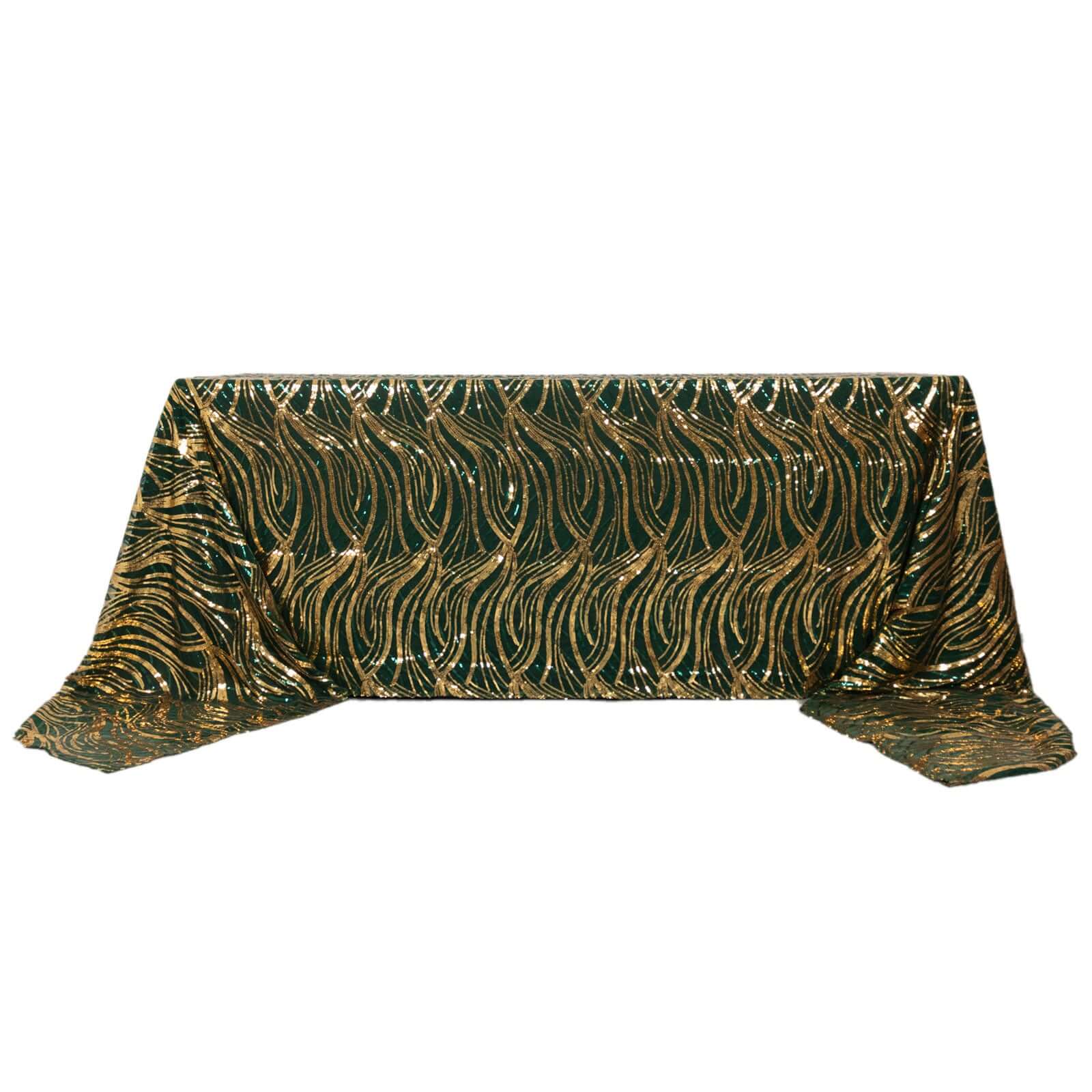 Mesh 90"x156" Rectangle Tablecloth Hunter Emerald Green/Gold - Wave Sequin Embroidered Table Cover