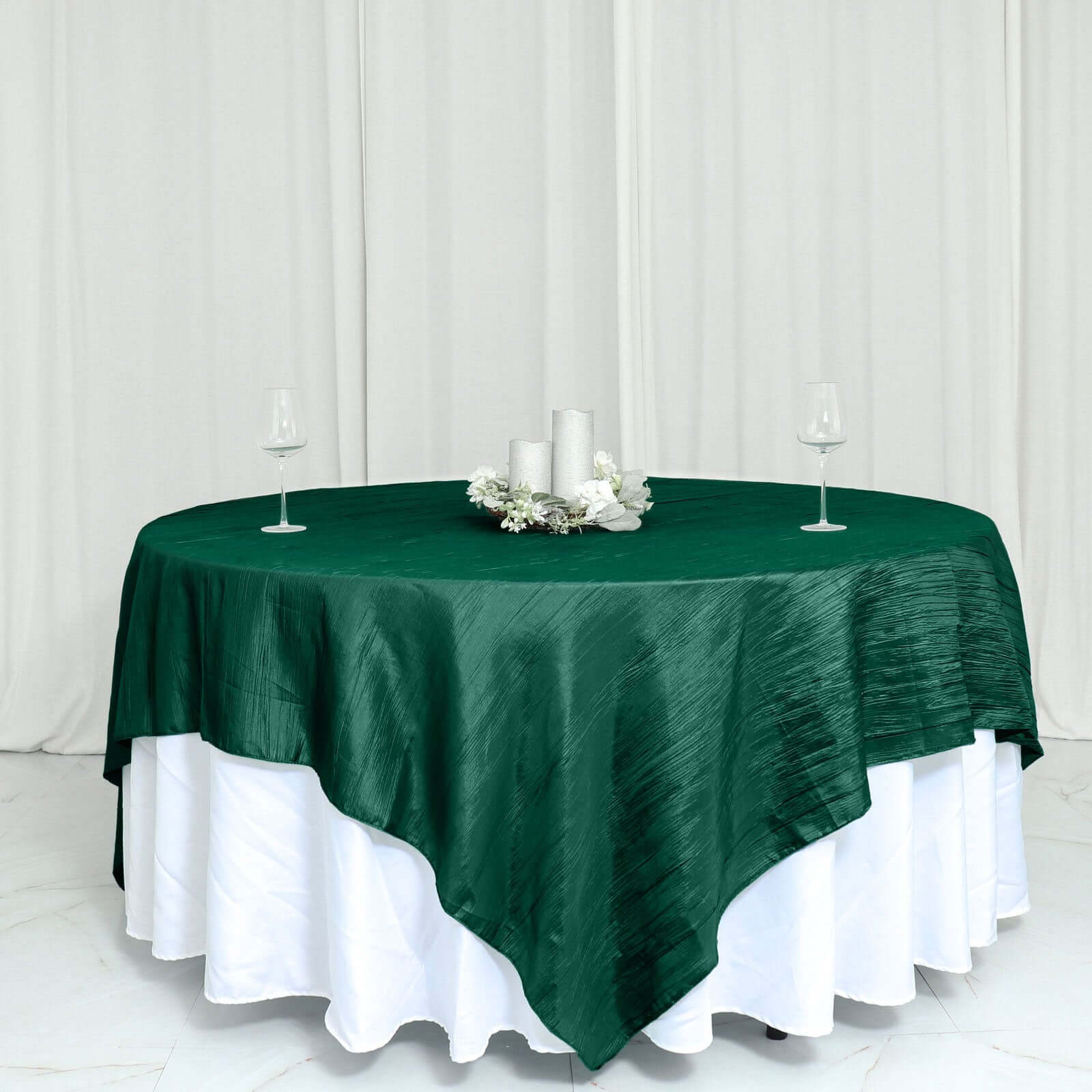 Taffeta 90"x90" Table Overlay Square Tablecloth Hunter Emerald Green - Accordion Crinkle Table Cover