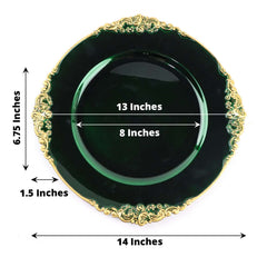 6-Pack Acrylic Round Charger Plates 13" in Hunter Emerald Green with Gold Embossed Baroque Rim, Antique Decorative Dinner Party Charger Tableware