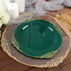 10-Pack Plastic 10" Round Dinner Plates in Hunter Emerald Green with Gold Leaf Embossed Rim - Disposable Vintage Baroque Style Plates