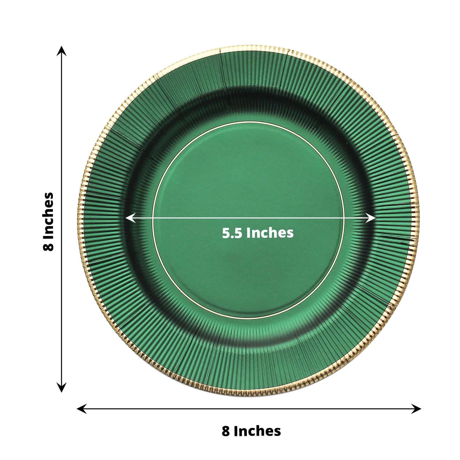 25-Pack Paper 8" Round Dessert Plates in Hunter Emerald Green Sunray Design with Gold Rim - Disposable Heavy Duty 350GSM Appetizer Salad Plates