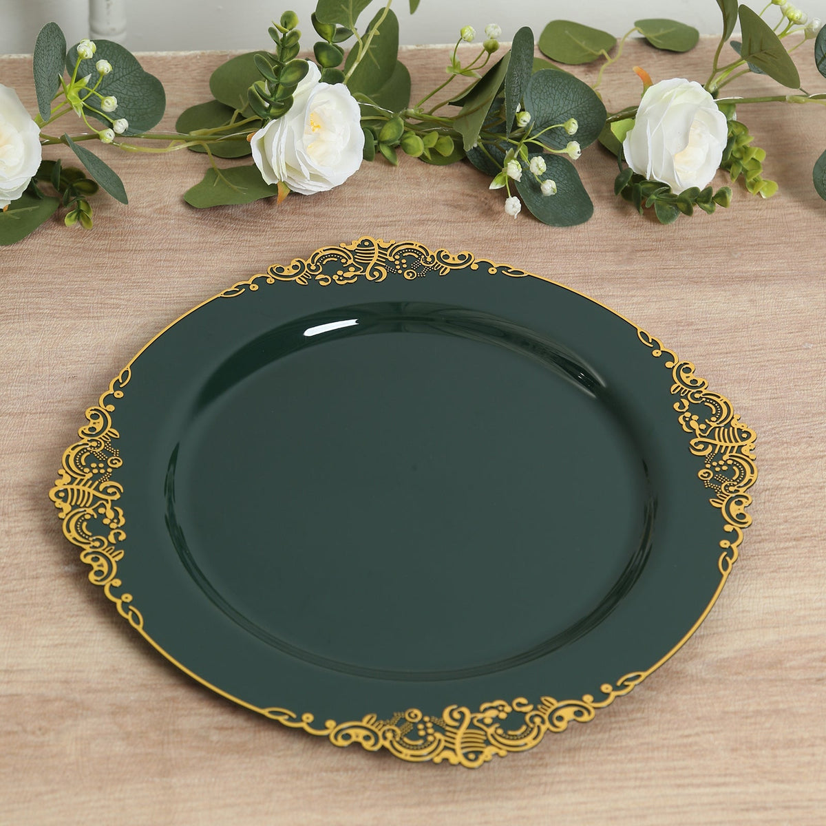 20-Pack Economy Plastic Round Charger Plates 13" in Hunter Emerald Green with Gold Embossed Baroque Rim, Stylish Dinner Party Serving Plates
