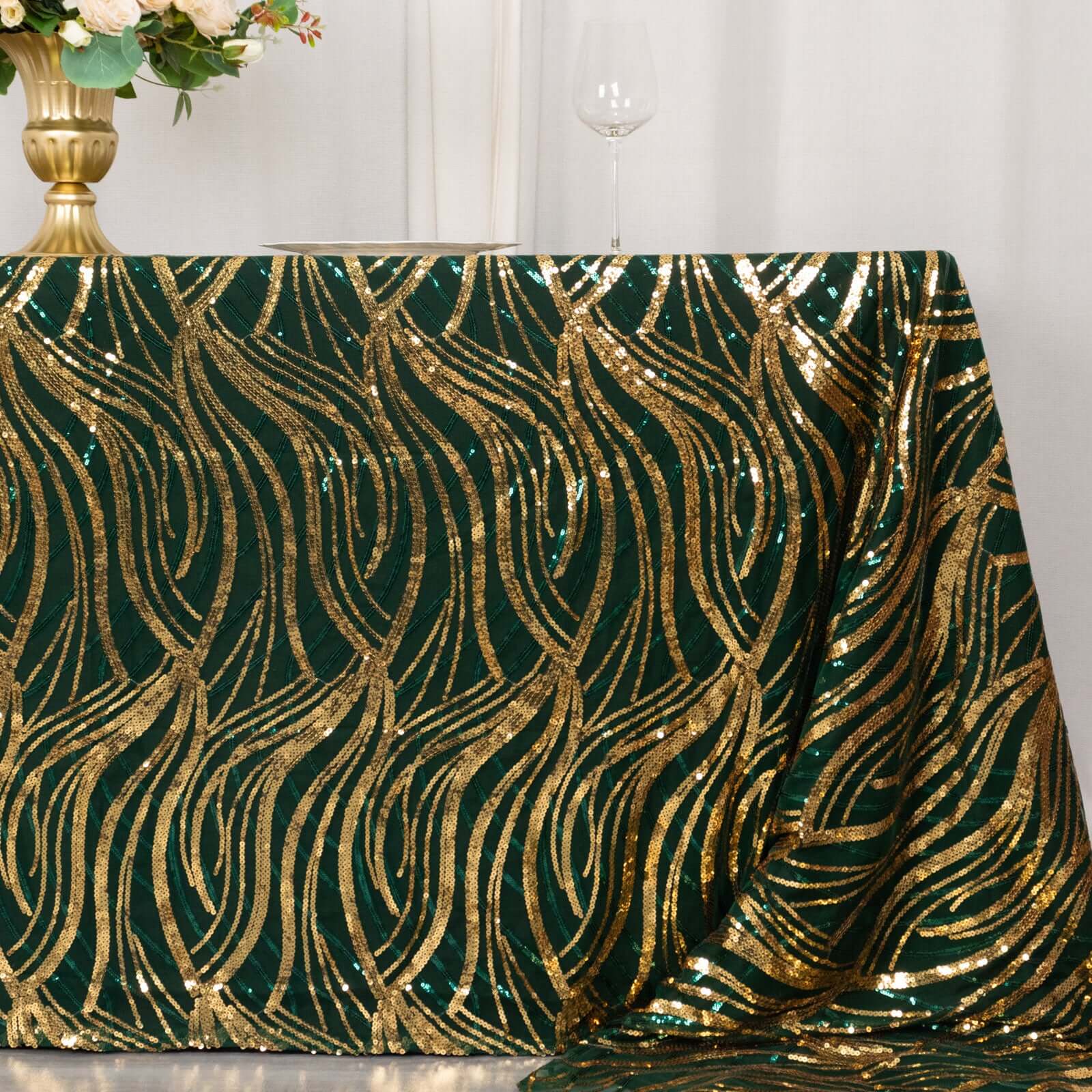 Mesh 90"x156" Rectangle Tablecloth Hunter Emerald Green/Gold - Wave Sequin Embroidered Table Cover