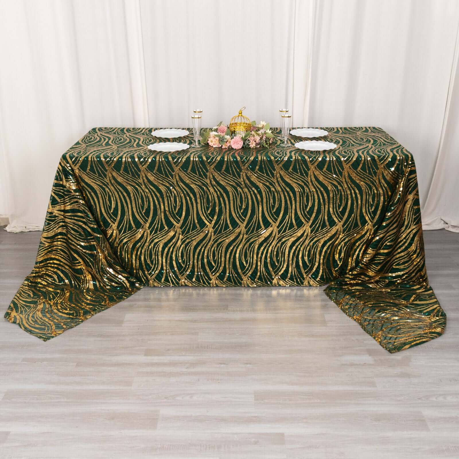 Mesh 90"x156" Rectangle Tablecloth Hunter Emerald Green/Gold - Wave Sequin Embroidered Table Cover