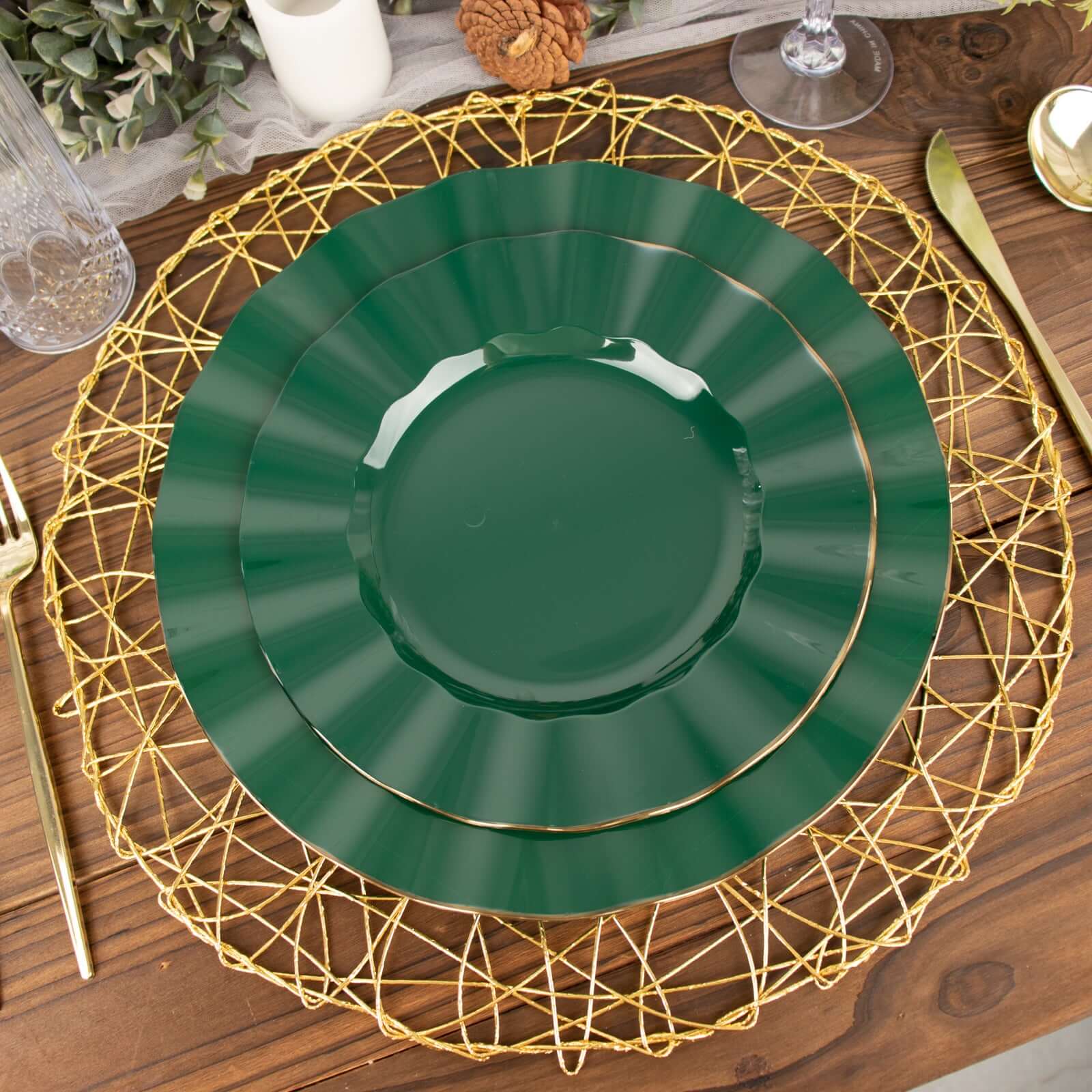 10-Pack Plastic 9" Round Dinner Plates in Hunter Emerald Green Ruffled Rim with Gold Edging - Sturdy Disposable Dinnerware