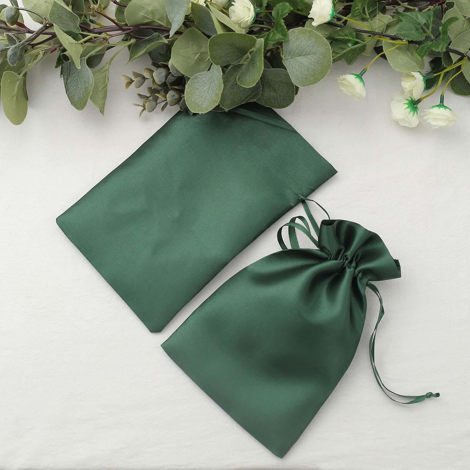 12 Pack 6"x9" Hunter Emerald Green Satin Wedding Party Favor Bags, Drawstring Pouch Gift Bags
