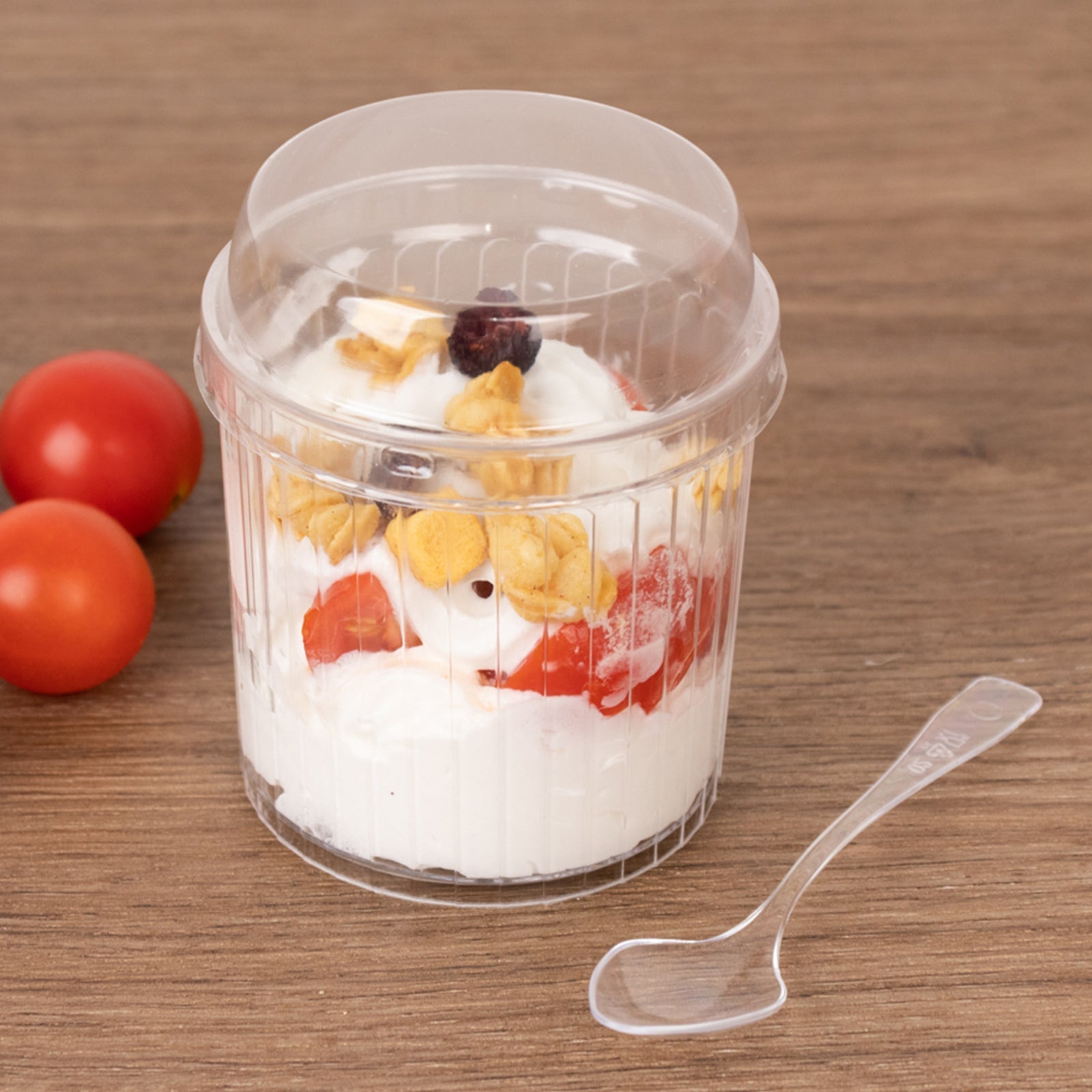 24-Pack Plastic Fruit Dessert Cups Ribbed Clear with Lid and Spoon - Ideal for Parfaits 5oz