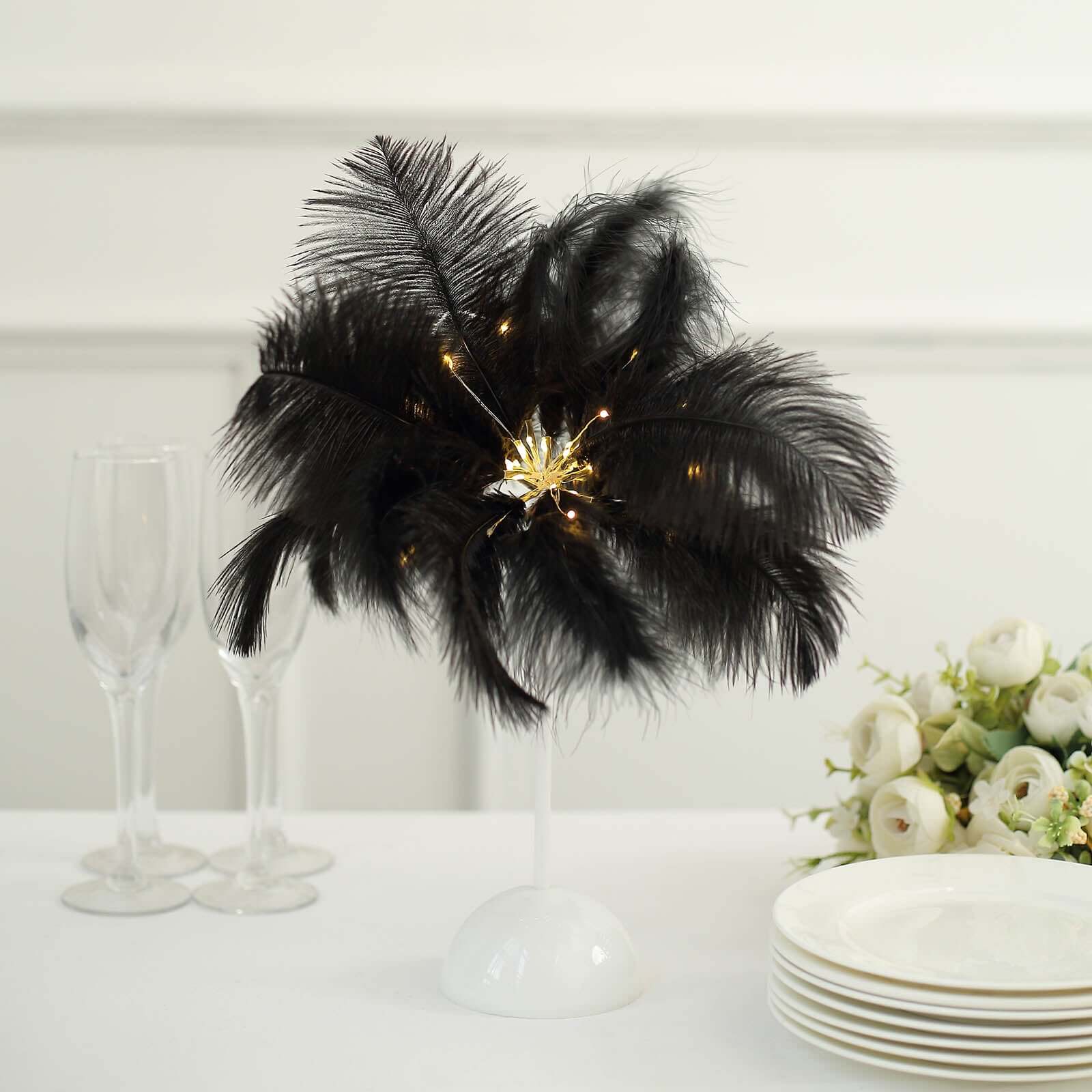 Table Lamp Ostrich Feather Design Black LED Battery Operated - Cordless Wedding Centerpiece 15"