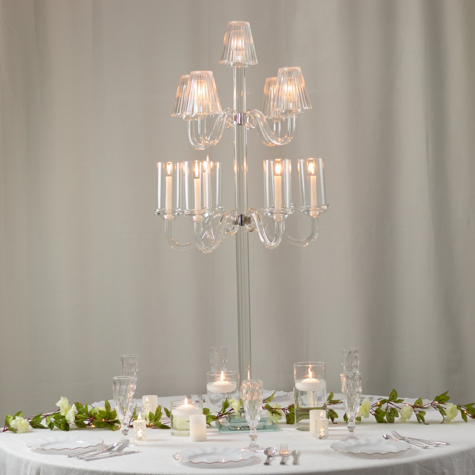 11-Arm Crystal Glass Candelabra – 50" Floor Candle Holder for Taper & Tealight Candles with Empire & Cylinder Lampshades, Perfect for Weddings & Home Decor