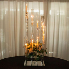 Crystal Glass Cluster Candelabra Pedestal Stand - Square Hurricane Taper Candle Holder Table Centerpiece 4.5ft