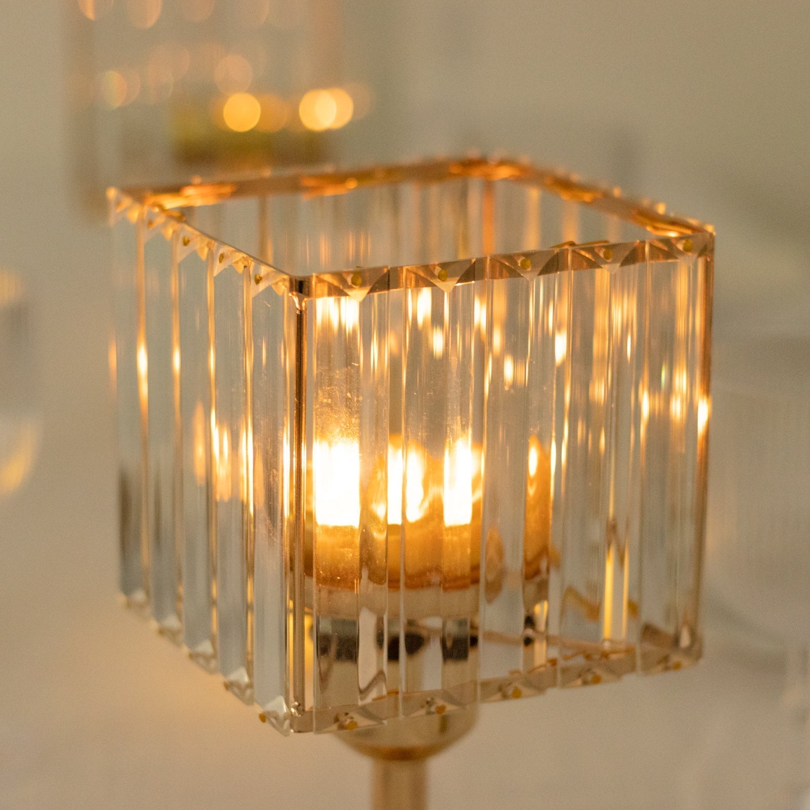 2 Pack 9" Crystal Pendant Hurricane Candle Holders in Gold, Elegant Square Design for Pillar Candles, Decorative Table Centerpieces