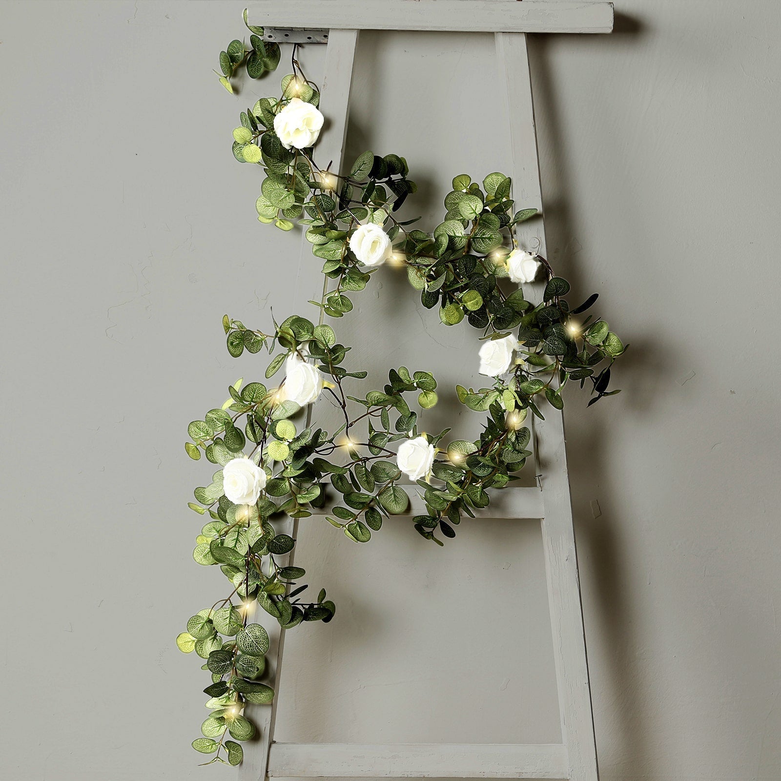 6ft Lighted Eucalyptus Garland with Ivory Roses & Battery-Operated Fairy Lights – Faux Greenery Vine