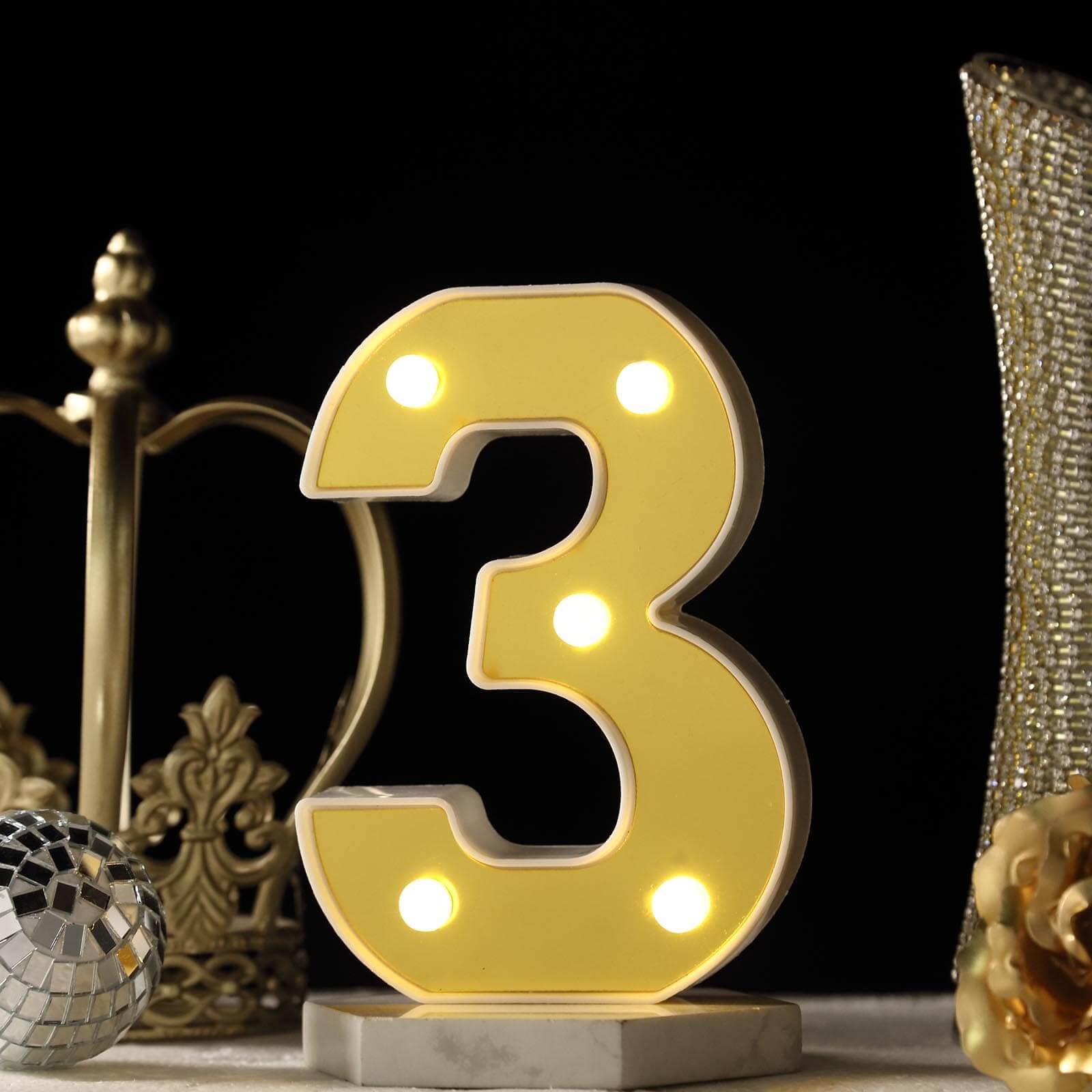 3D Marquee Number "3" Warm White 5 LED Lights Gold - Stylish Light-Up Accent for Events 6"