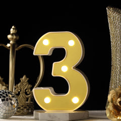 3D Marquee Number "3" Warm White 5 LED Lights Gold - Stylish Light-Up Accent for Events 6"