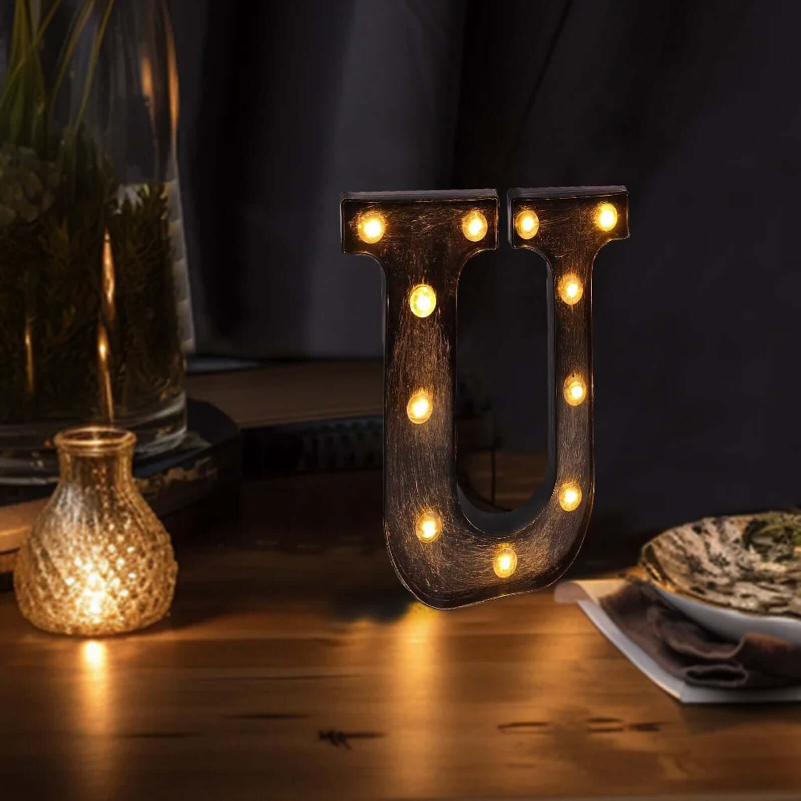 LED Marquee Letter "U" Industrial Style Antique Black - Light-Up Alphabet Sign for Weddings & Displays 9"