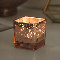 12-Pack Mercury Glass Candle Holders Rose Gold with Speckled Design - Square Votive Tealight Holders 2"