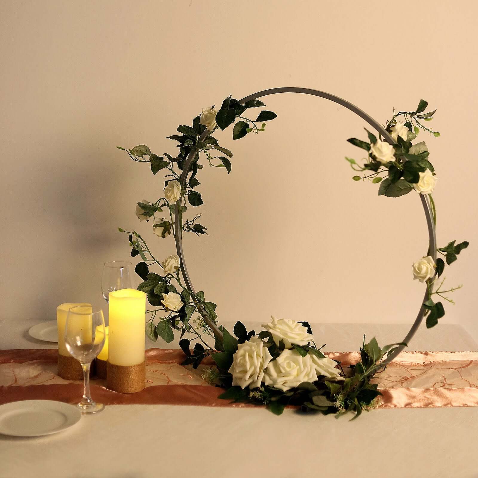 24" Silver Round Arch Wedding Centerpiece, Metal Hoop Wreath Tabletop Decor