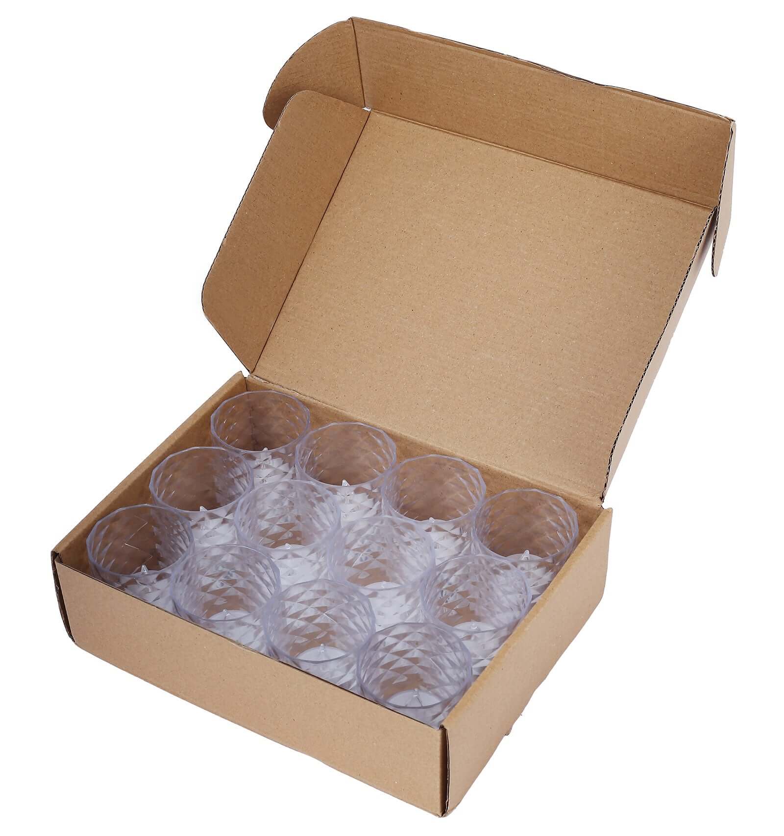 12-Pack LED Tealight Candle Holders Whiskey Glass Design Clear - Warm White Battery Operated Lights 3"