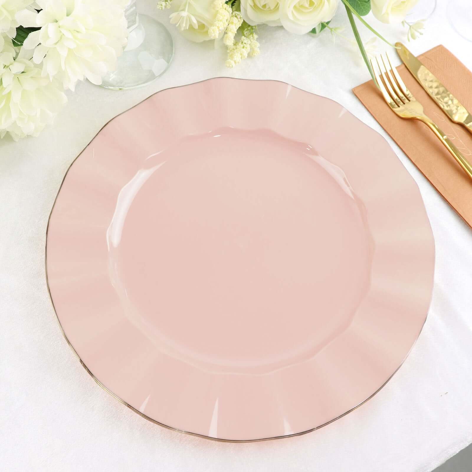10-Pack Plastic 11" Round Dinner Plates in Blush Ruffled Rim with Gold Edging - Sturdy Disposable Dinnerware