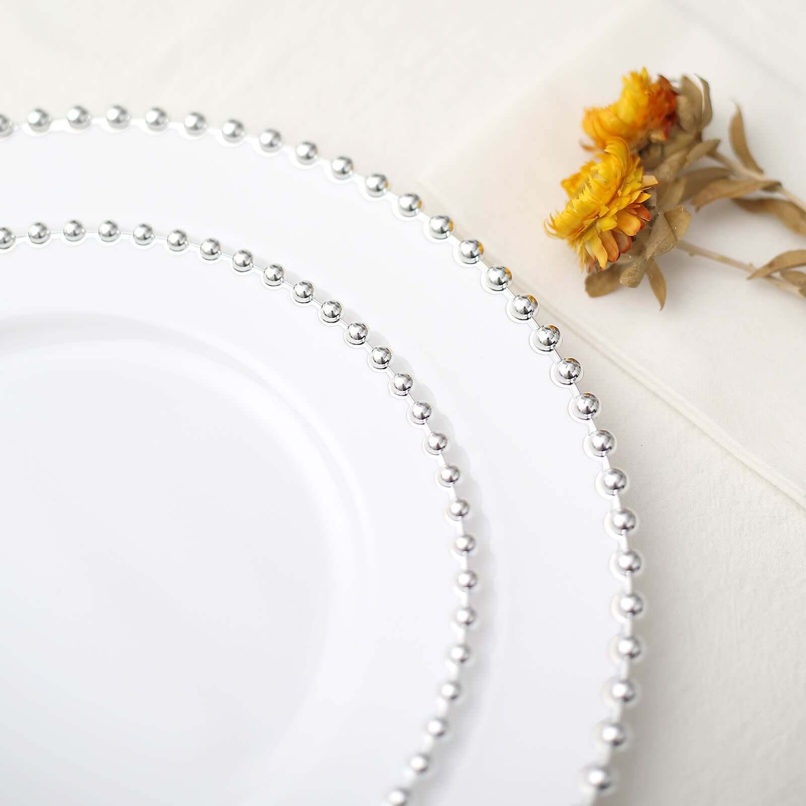 10-Pack White Plastic Dessert Plates – 8" Round with Silver Beaded Rim, Disposable for Parties & Events