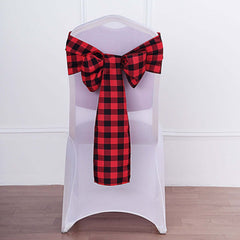 5 Pack Polyester Chair Sashes Black/Red Buffalo Plaid - Durable & Reusable Chair Bows 6"x108"