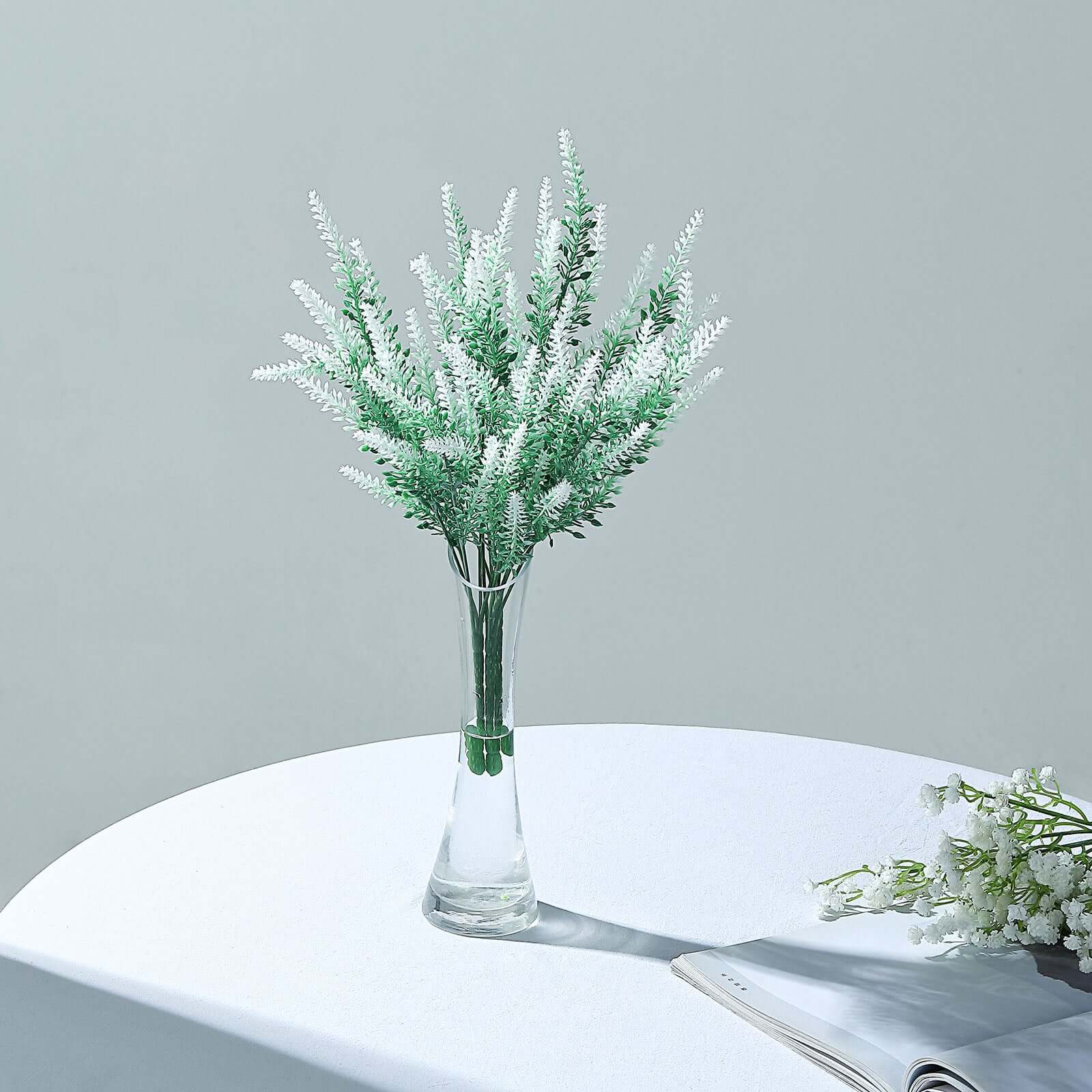 4 Bushes 14" Green White Artificial Lavender Flower Plant Stems Greenery