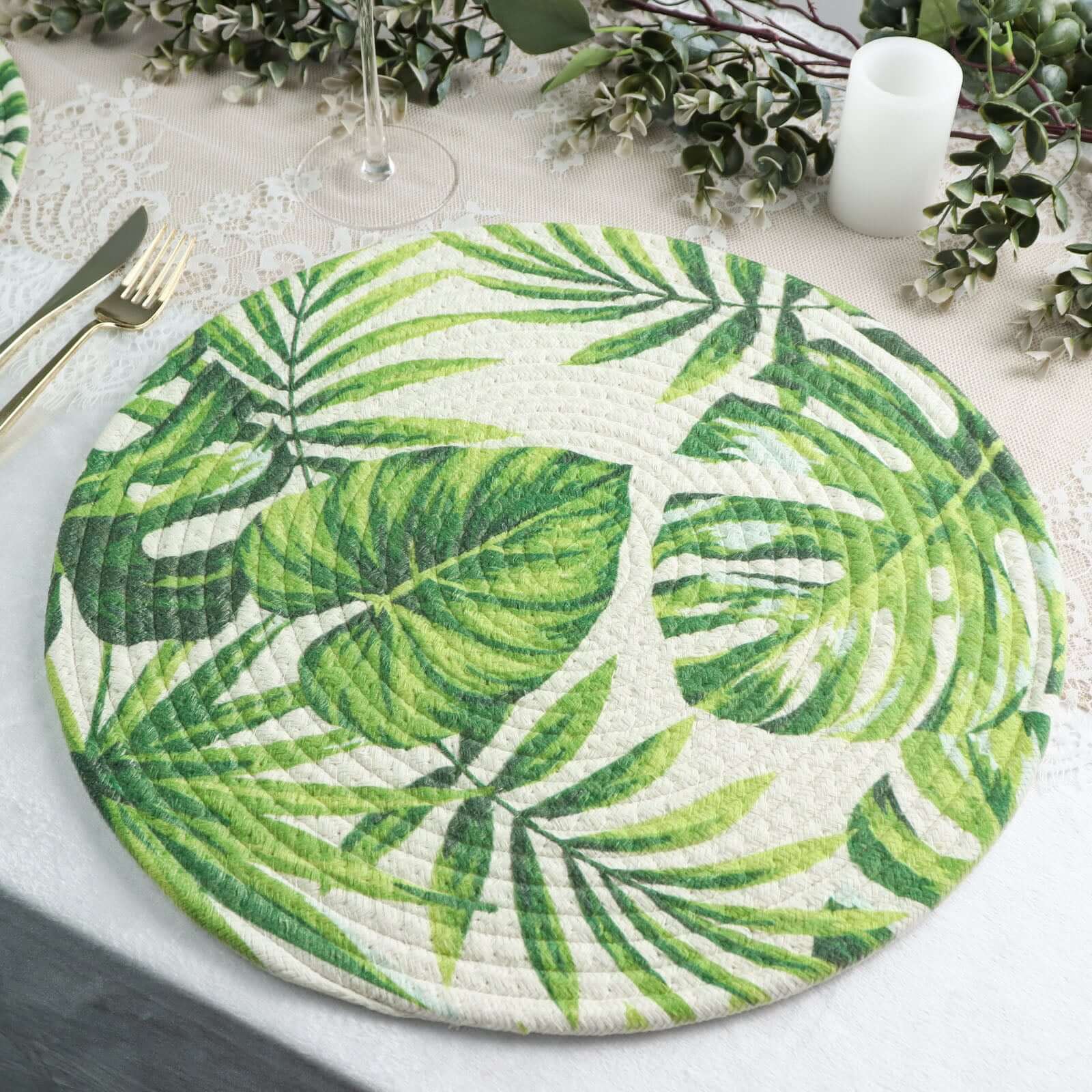 4-Pack Table Placemats Tropical Leaf Design Green Cotton Round - Woven Indoor/Outdoor Dining Mats 15"