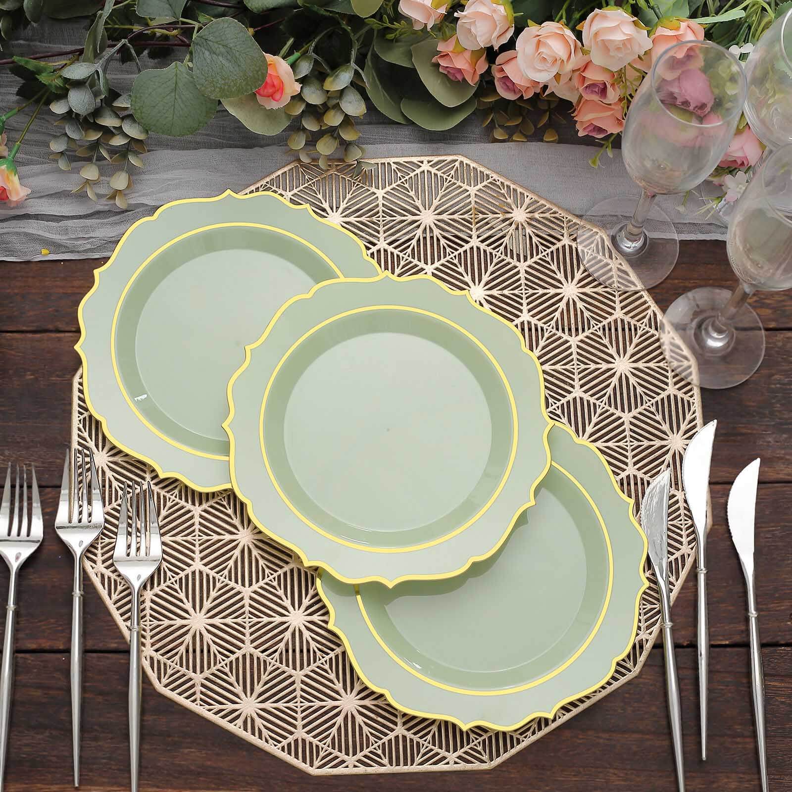 10-Pack Plastic 8" Round Dessert Plates in Sage Green with Gold Scalloped Rim - Disposable Appetizer/Salad Plates