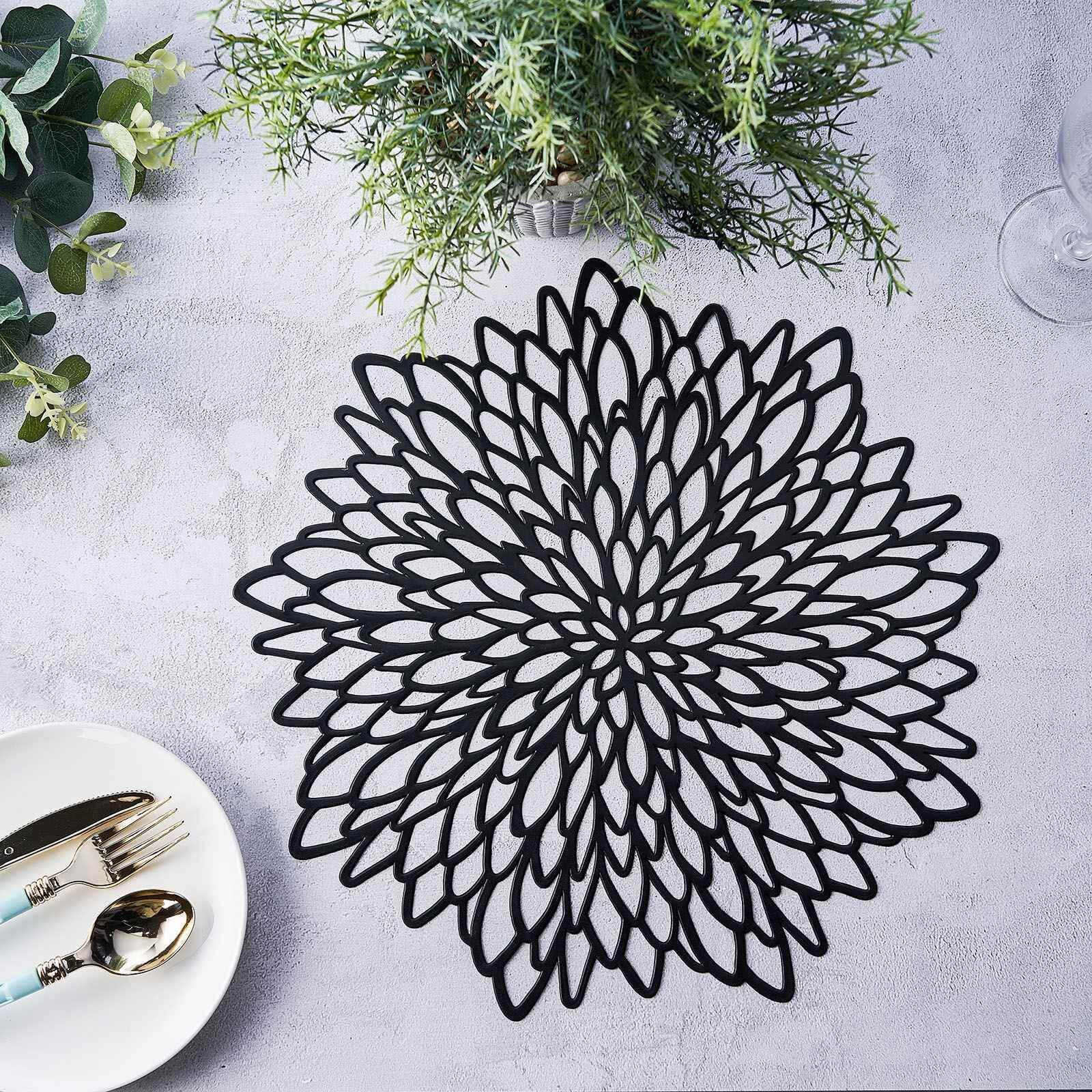 6-Pack Dining Table Mats Floral Design Black - Metallic Vinyl Round Non-Slip Mats for Tables 15"