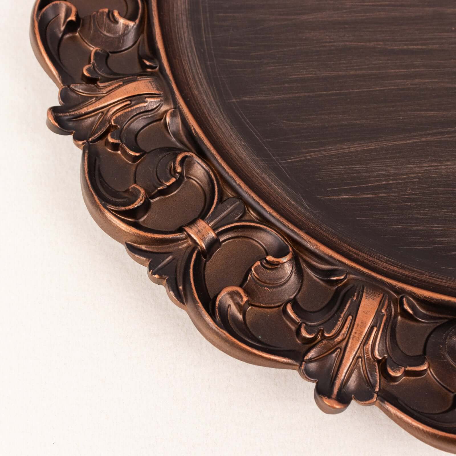 6-Pack Acrylic Round Charger Plates 13" in Dark Brown with Aristocrat Retro Baroque Rim, Ornate Plastic Decorative Chargers