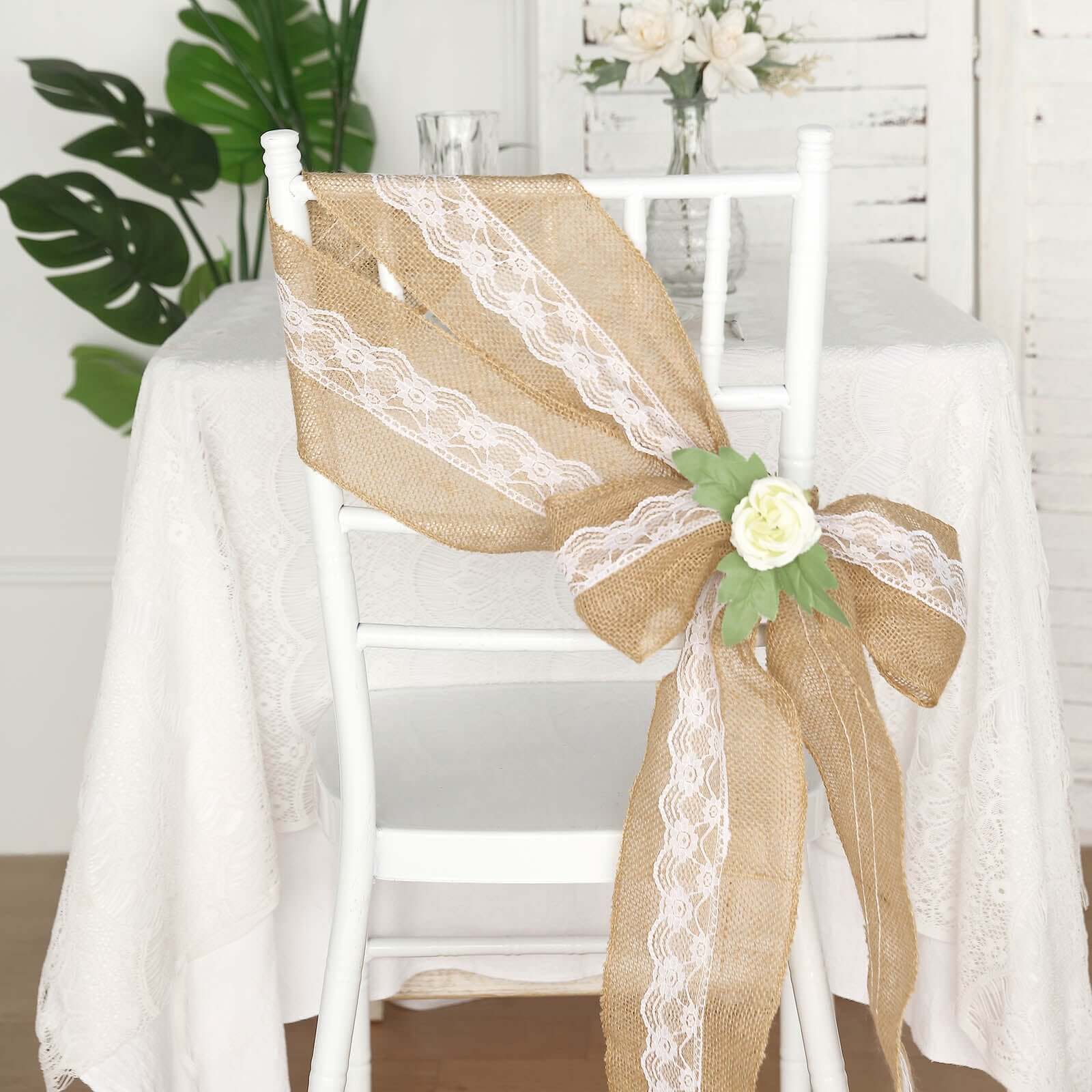 Natural Burlap Chair Sash 5"x108" with Lace Hessian Jute - Rustic Bow Design for Weddings & Gatherings