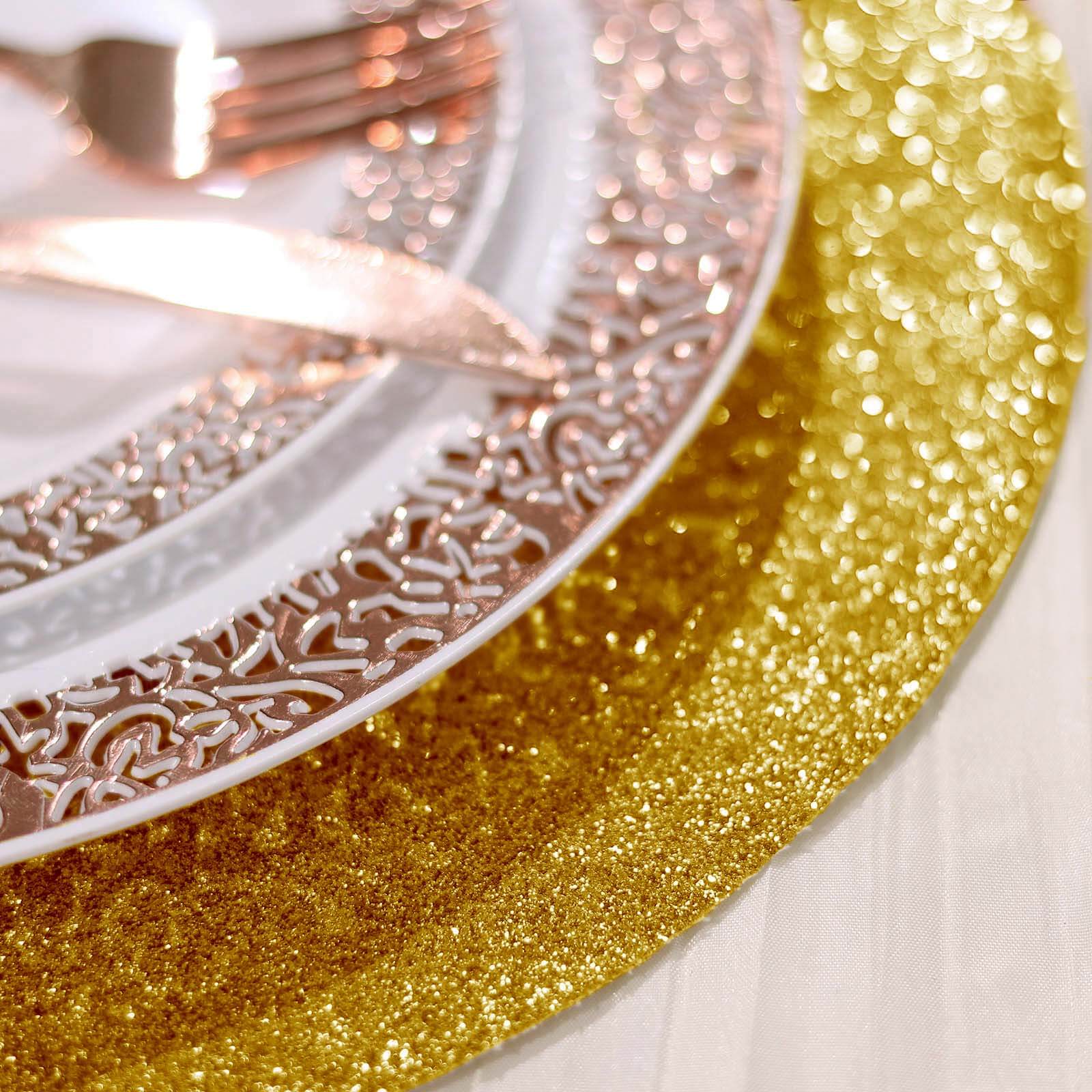 6-Pack Placemats Glitter Design Gold Sparkle Round - Non-Slip Decorative Dining Table Mats 13"