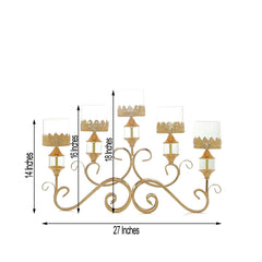 5-Arm Metal Table Candelabra Antique Gold Crown Top Design - Stylish Horizontal Table Centerpiece with Glass Votive Holders 18"
