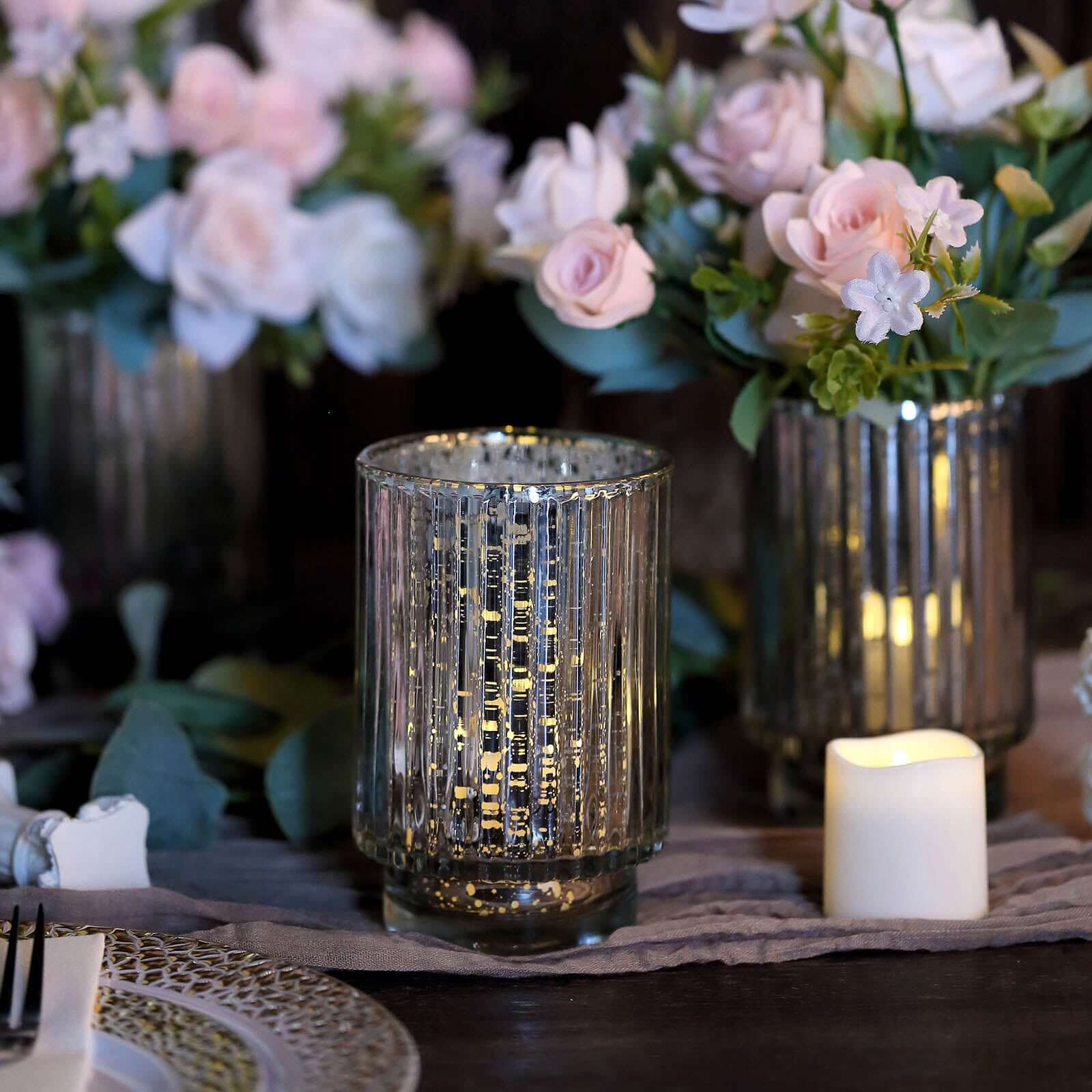 3-Pack Mercury Glass Hurricane Candle Holders Silver Wavy Column Design - Votive Pillar Vase 5"