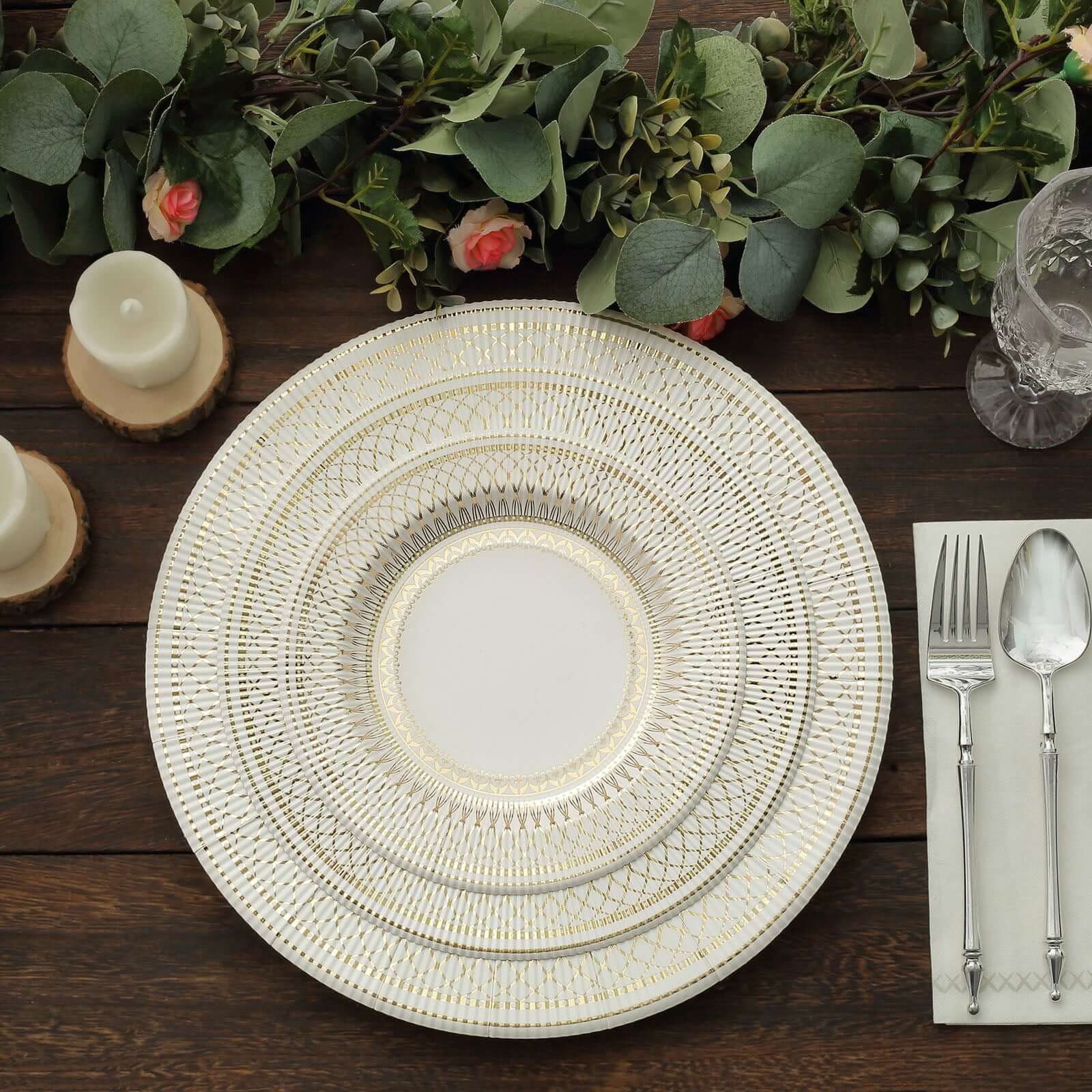 25-Pack Paper 10" Round Dinner Plates in White with Gold Vintage Porcelain Style Rim - Disposable 300GSM Party Plates