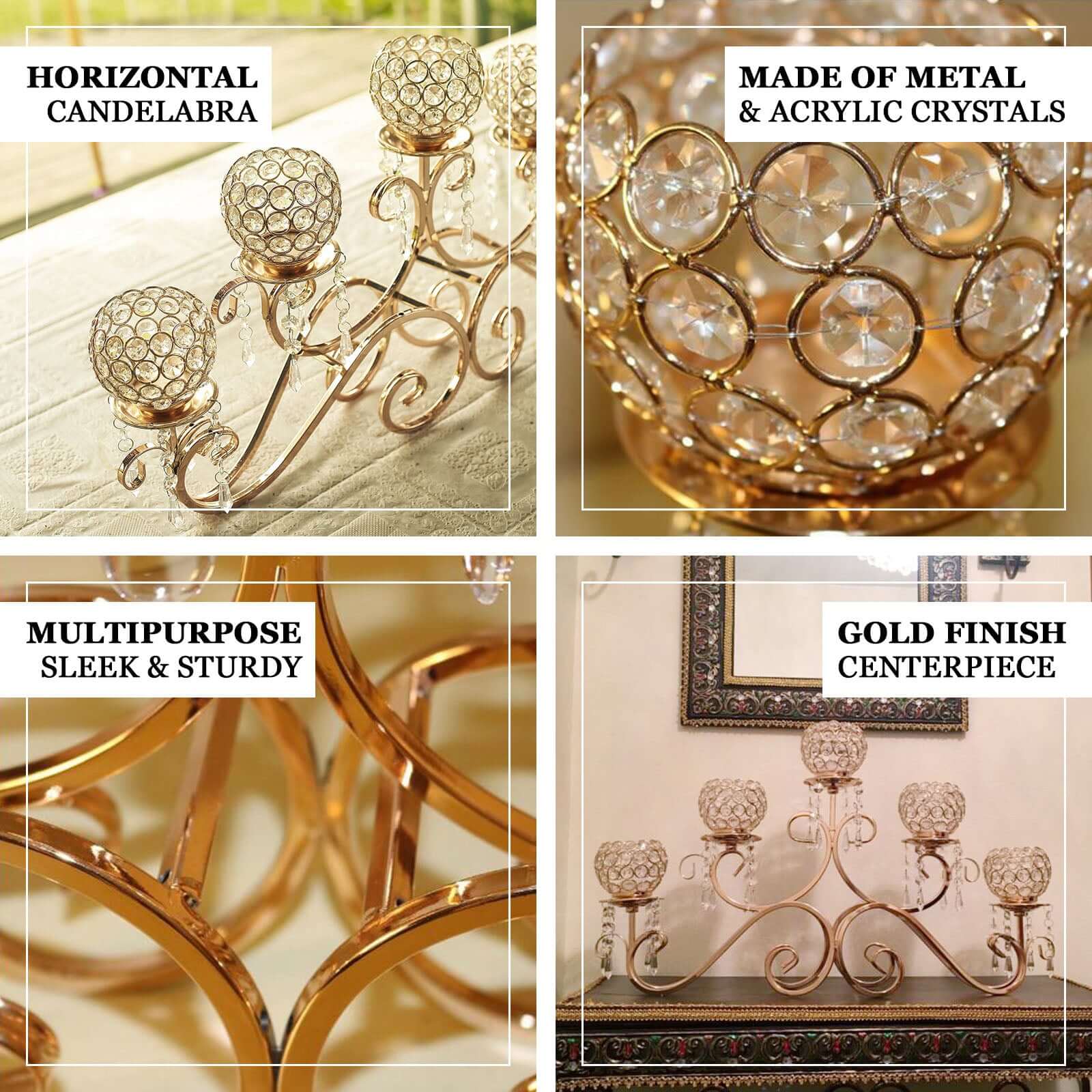 5-Arm Metal Candelabra Horizontal Design with Crystal Goblets Gold - Table Centerpiece for Events 27"