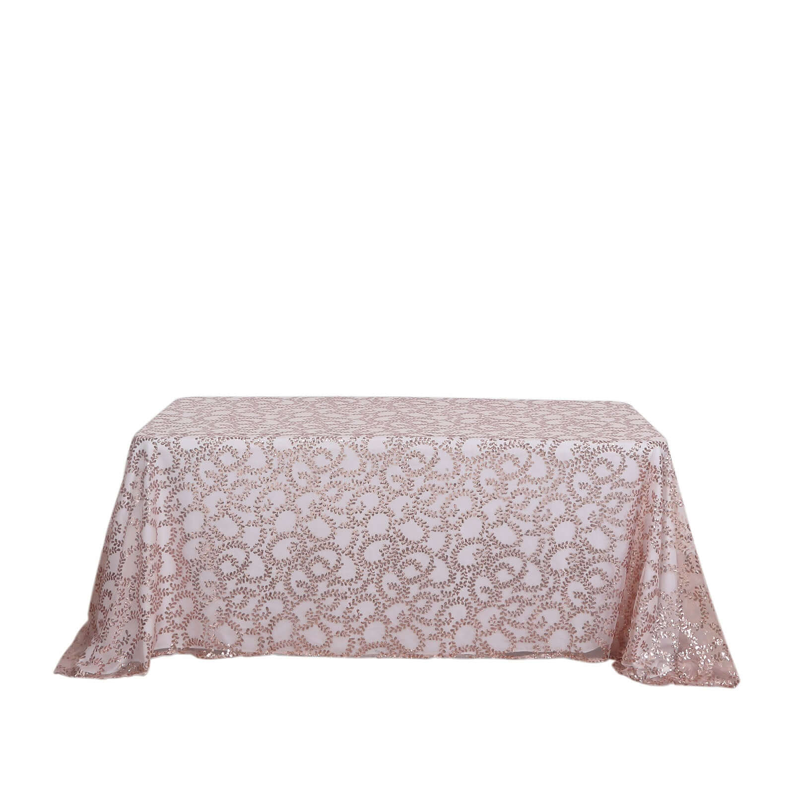 Tulle 90"x156" Rectangle Tablecloth Rose Gold - Sequin Leaf Embroidered Table Cover