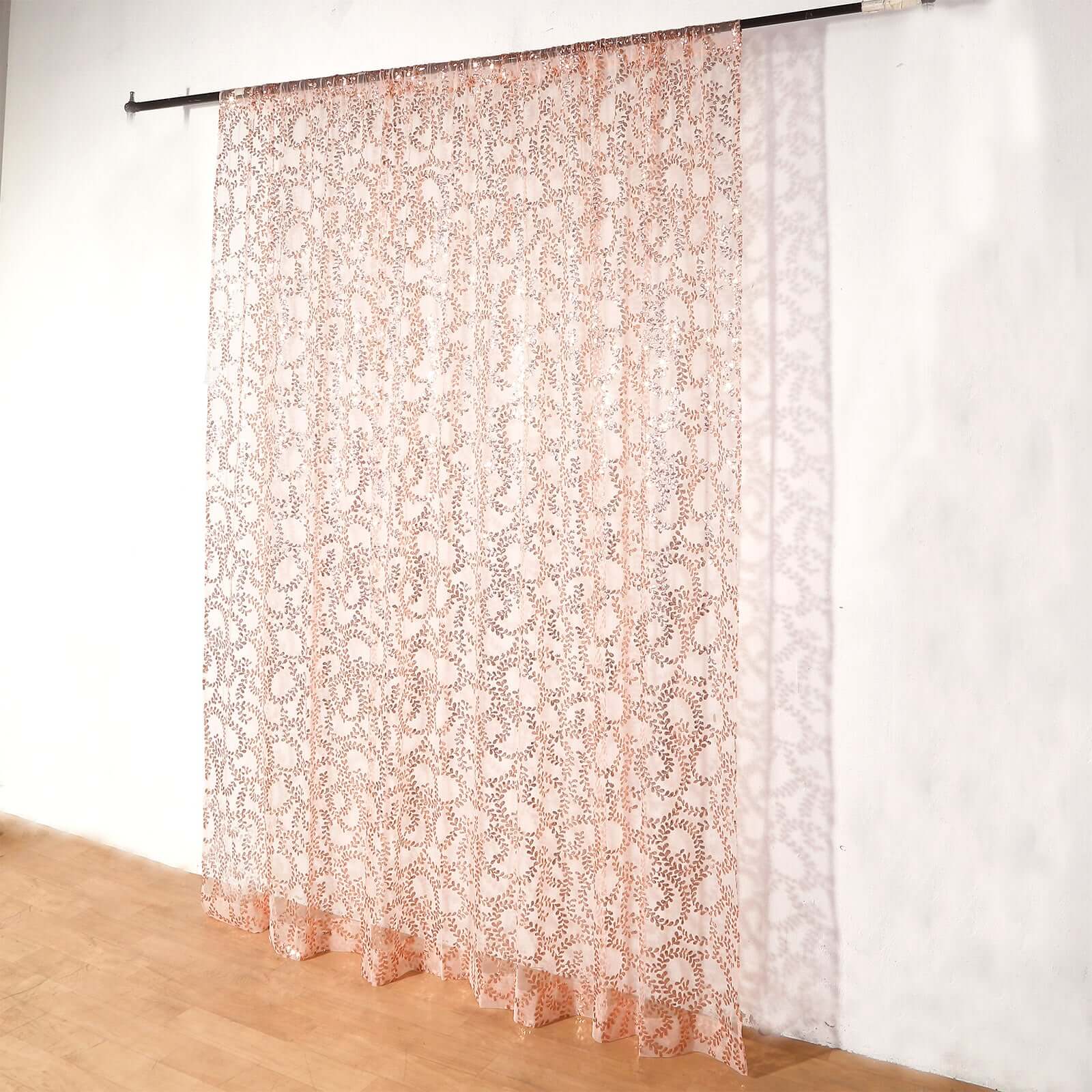 8ftx8ft Rose Gold Embroider Sequin Event Curtain Drapes, Sparkly Sheer Backdrop Event Panel With Embroidery Leaf
