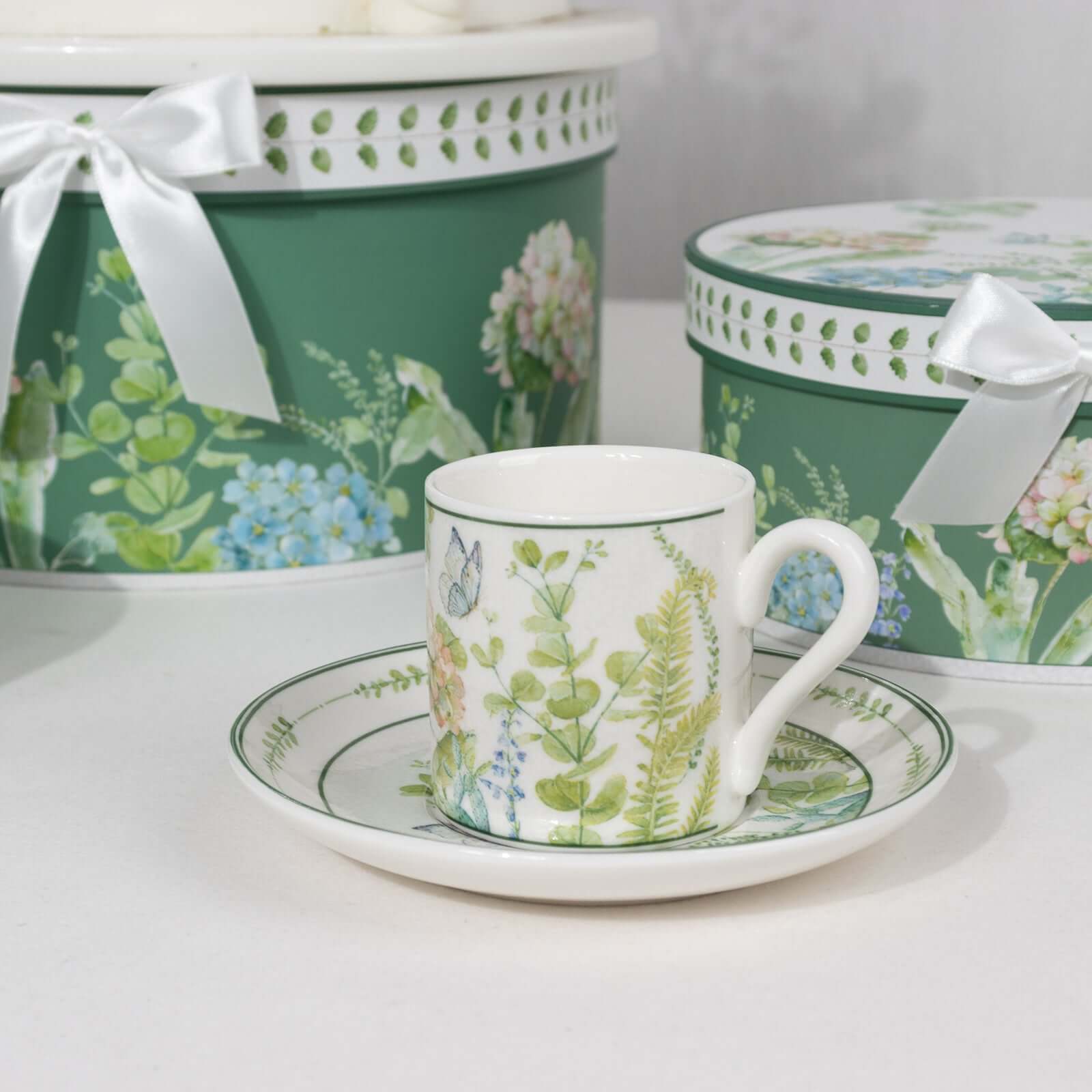 Greenery Theme Bridal Shower Gift Set, Set of 2 Porcelain Espresso Cups and Saucers with Matching Keepsake Box