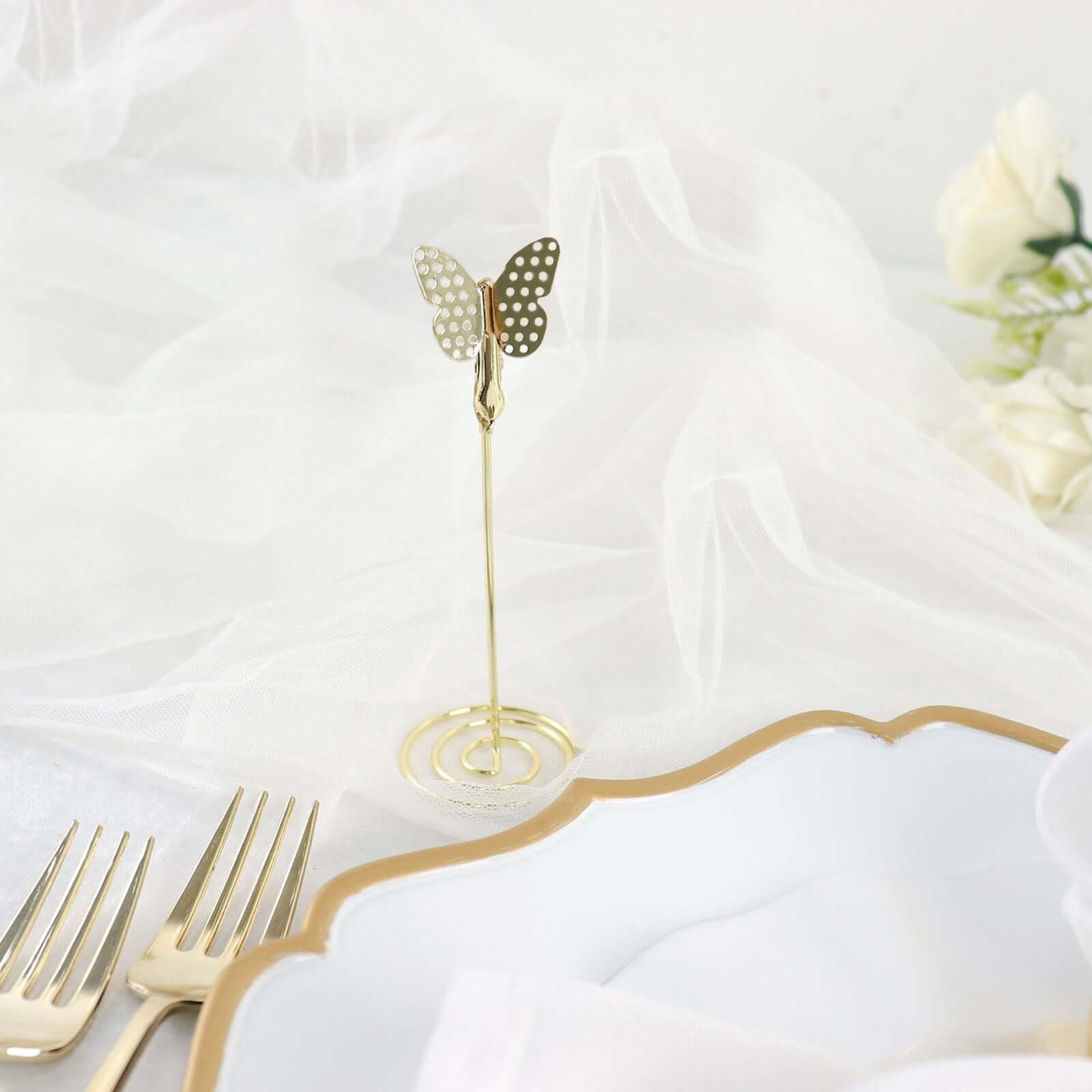 5-Pack Metal Place Card Holders Gold - Modern Table Number Stands with Whimsical Butterfly Clips & Spiral Base for Signs Memos Photos Menus 5"