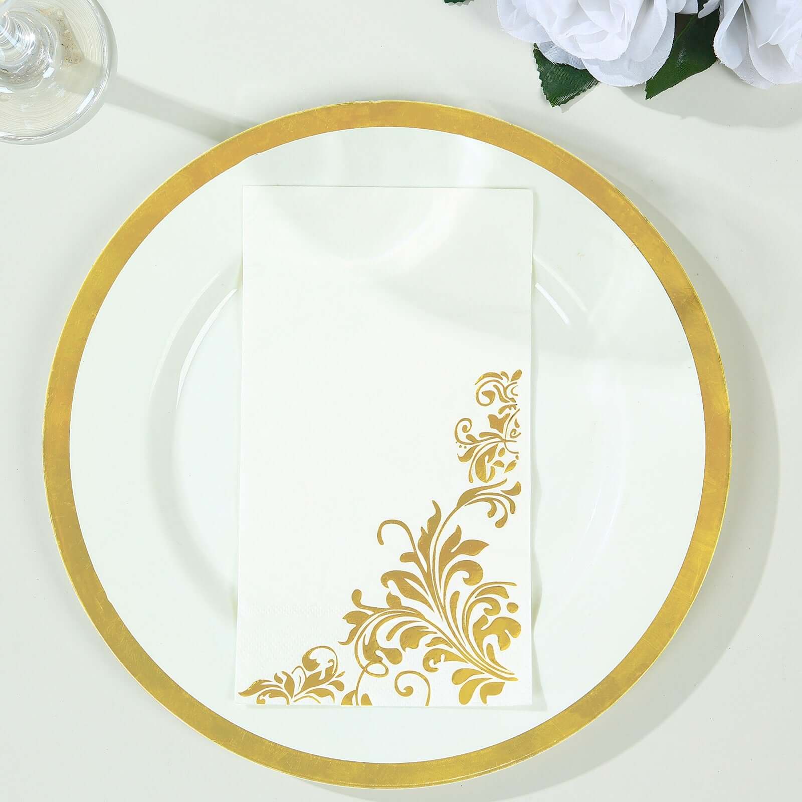 50-Pack Paper Napkins White with Gold Baroque Floral Print - Stylish Disposable Dinner Napkins 8"x4"