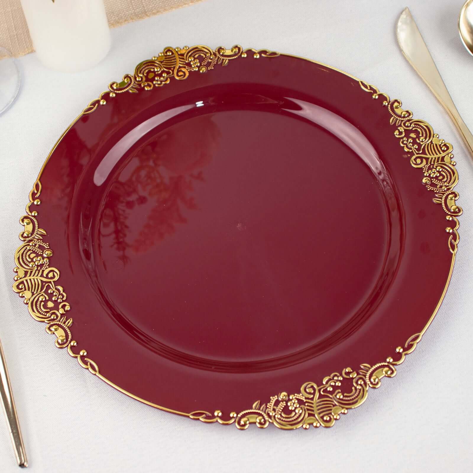 10-Pack Plastic 10" Round Dinner Plates in Burgundy with Gold Leaf Embossed Rim - Disposable Vintage Baroque Style Plates