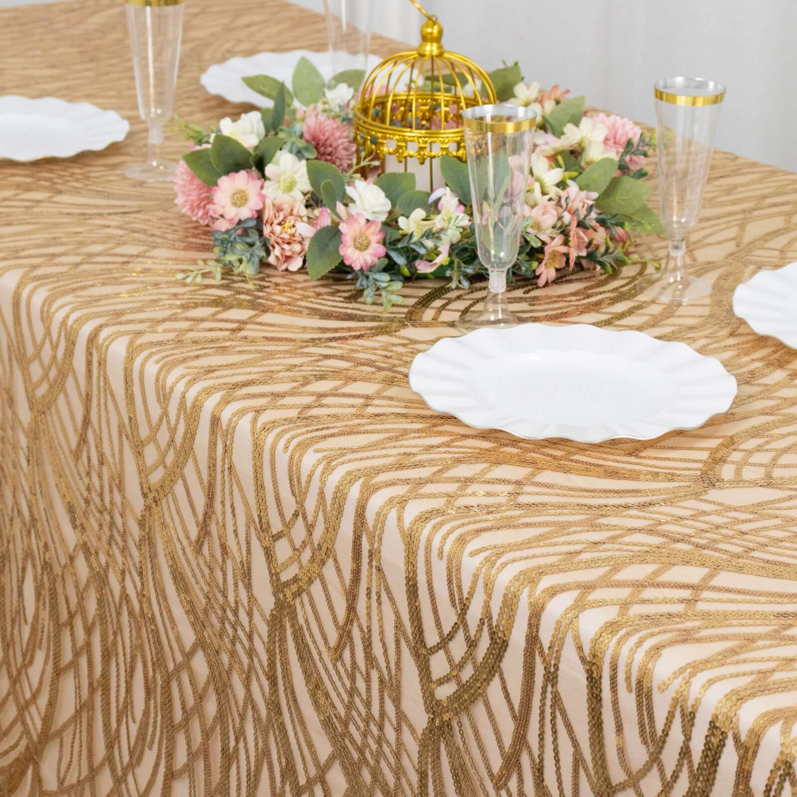 Mesh 90"x156" Rectangle Tablecloth Gold - Wave Sequin Embroidered Design for Refined Occasions
