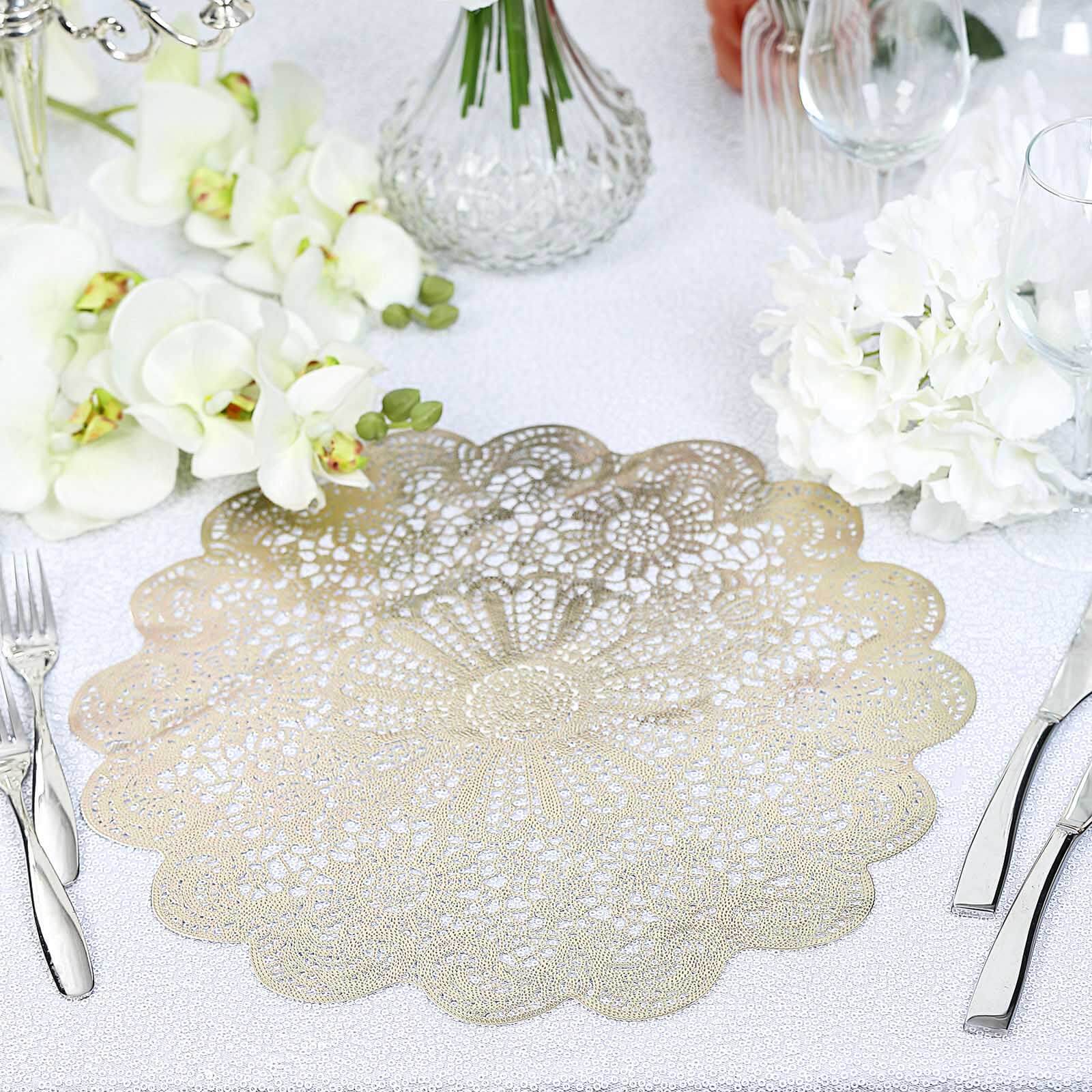 6-Pack Dining Table Mats Floral Lace Design Gold - Vinyl Non-Slip Surface with Vintage Appeal 15"