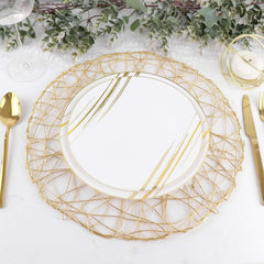 6-Pack Table Placemats Woven Fiber Design Gold Round - Disposable Mats for Dining and Events 15"