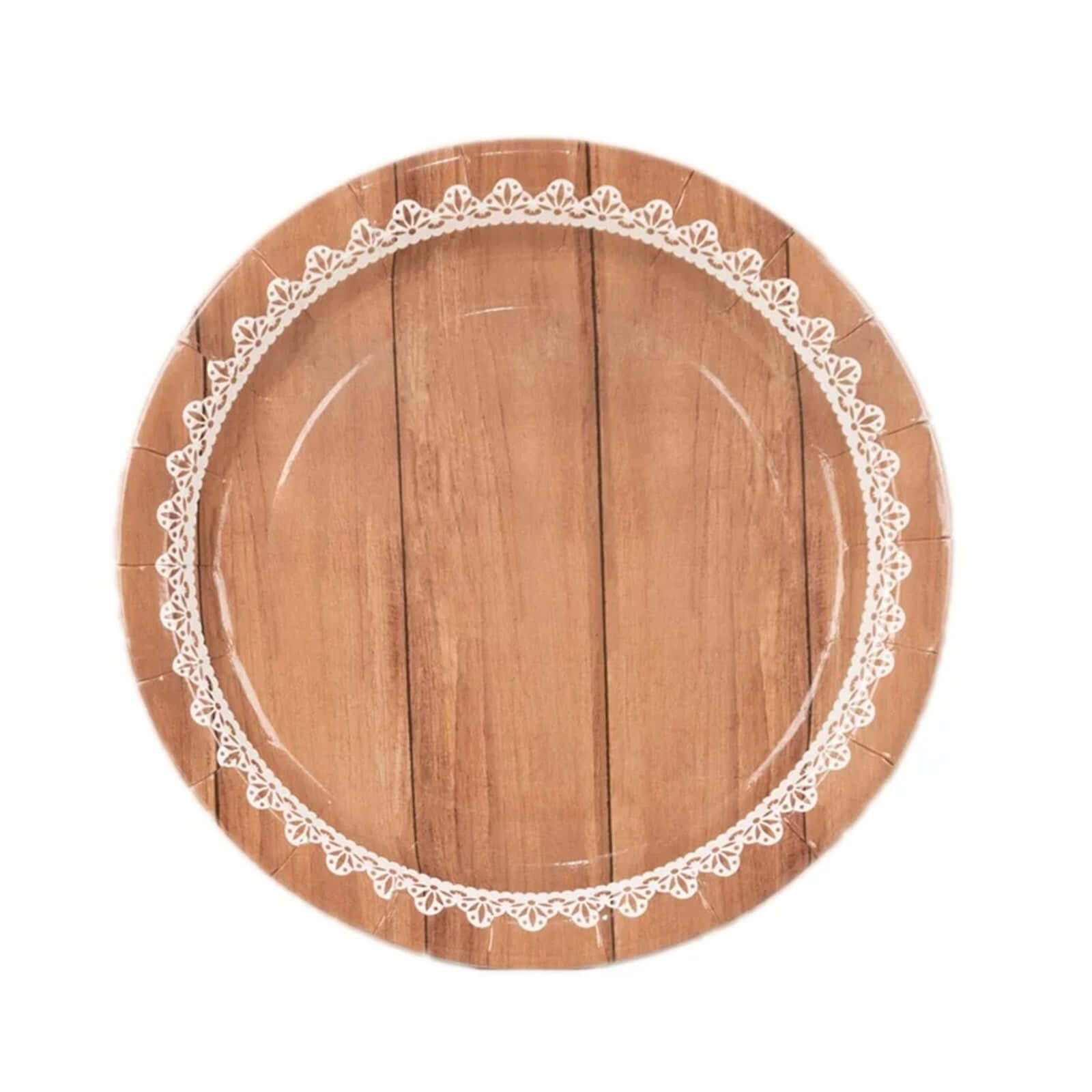 25-Pack Paper 7" Round Dessert Plates in Brown Wood Grain Print with White Floral Lace Rim - Disposable Appetizer Salad Plates for Rustic Farmhouse Style Events
