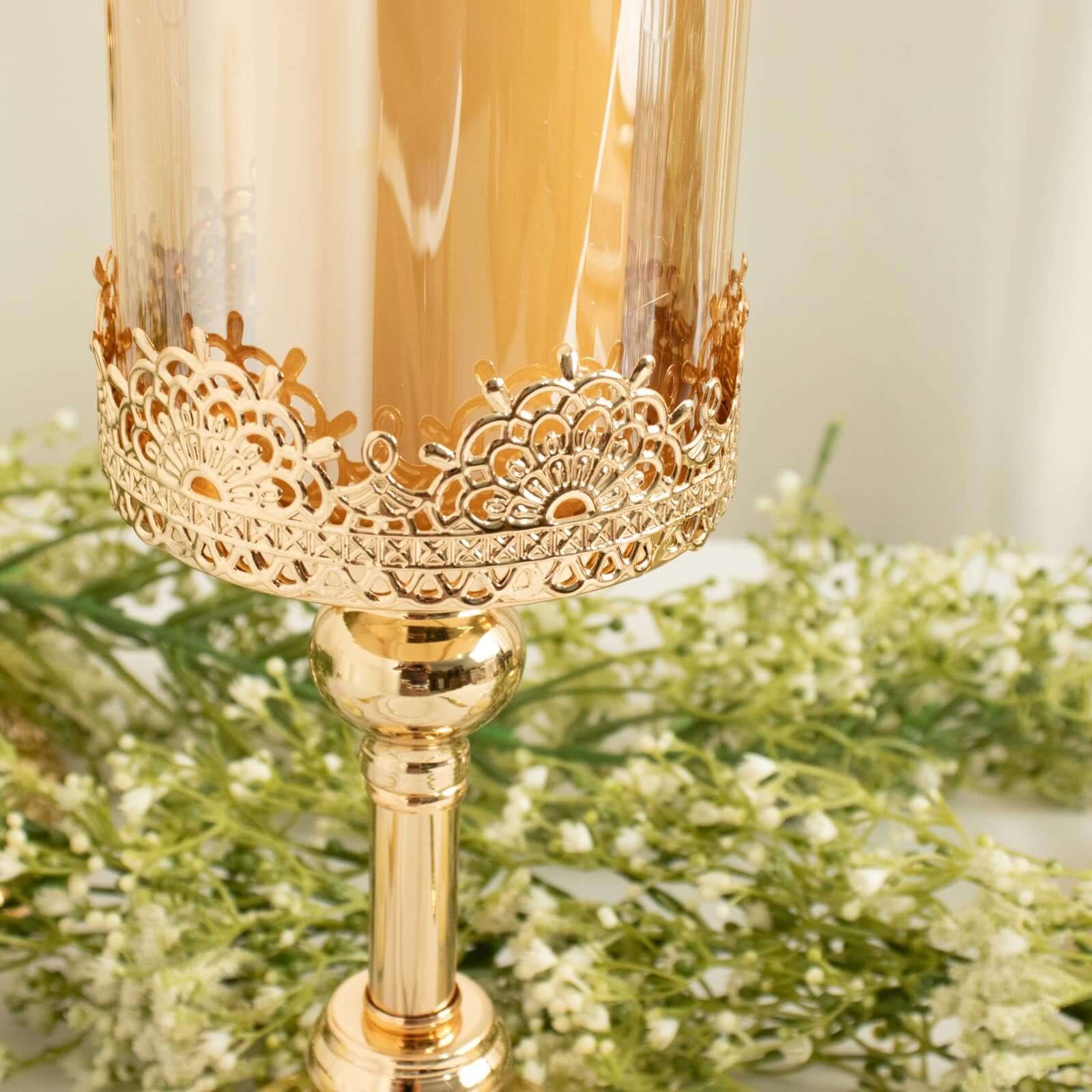 Set of 3 Lace Votive Candle Stands Antique Gold with Hurricane Glass Shades - Refined Pillar Candle Holders 13", 15", 17"