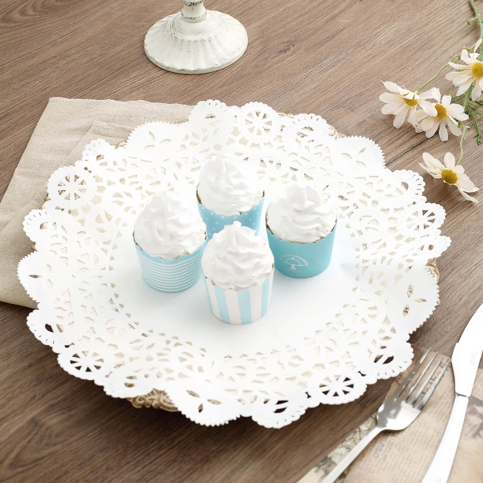 100 Pcs Paper 14" Round Placemats in White - Food Grade Lace Paper Doilies for Dessert Display & Table Decor