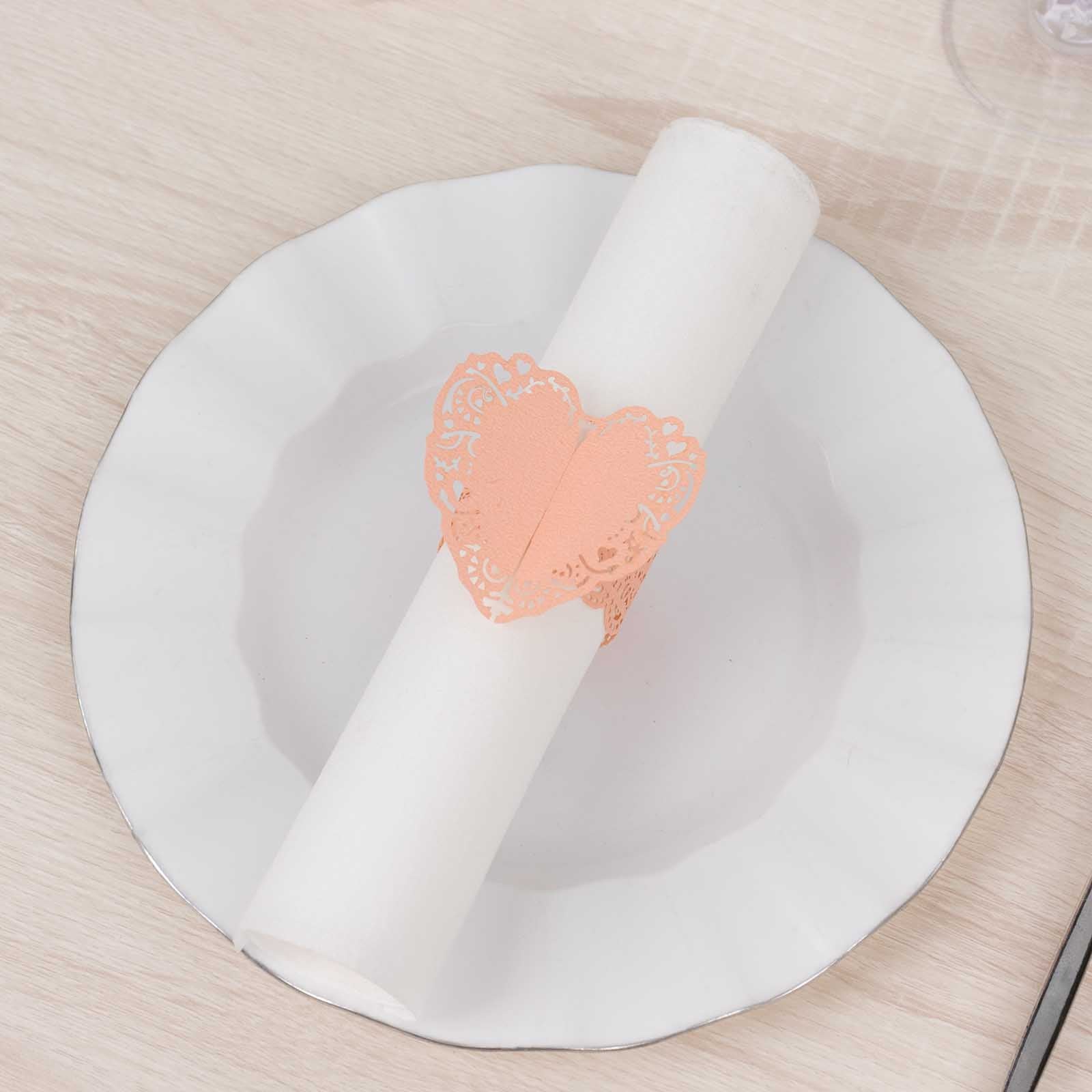 12 Pack Blush Shimmery Laser Cut Heart Paper Napkin Holders with Lace Pattern, Disposable Napkin Rings Bands